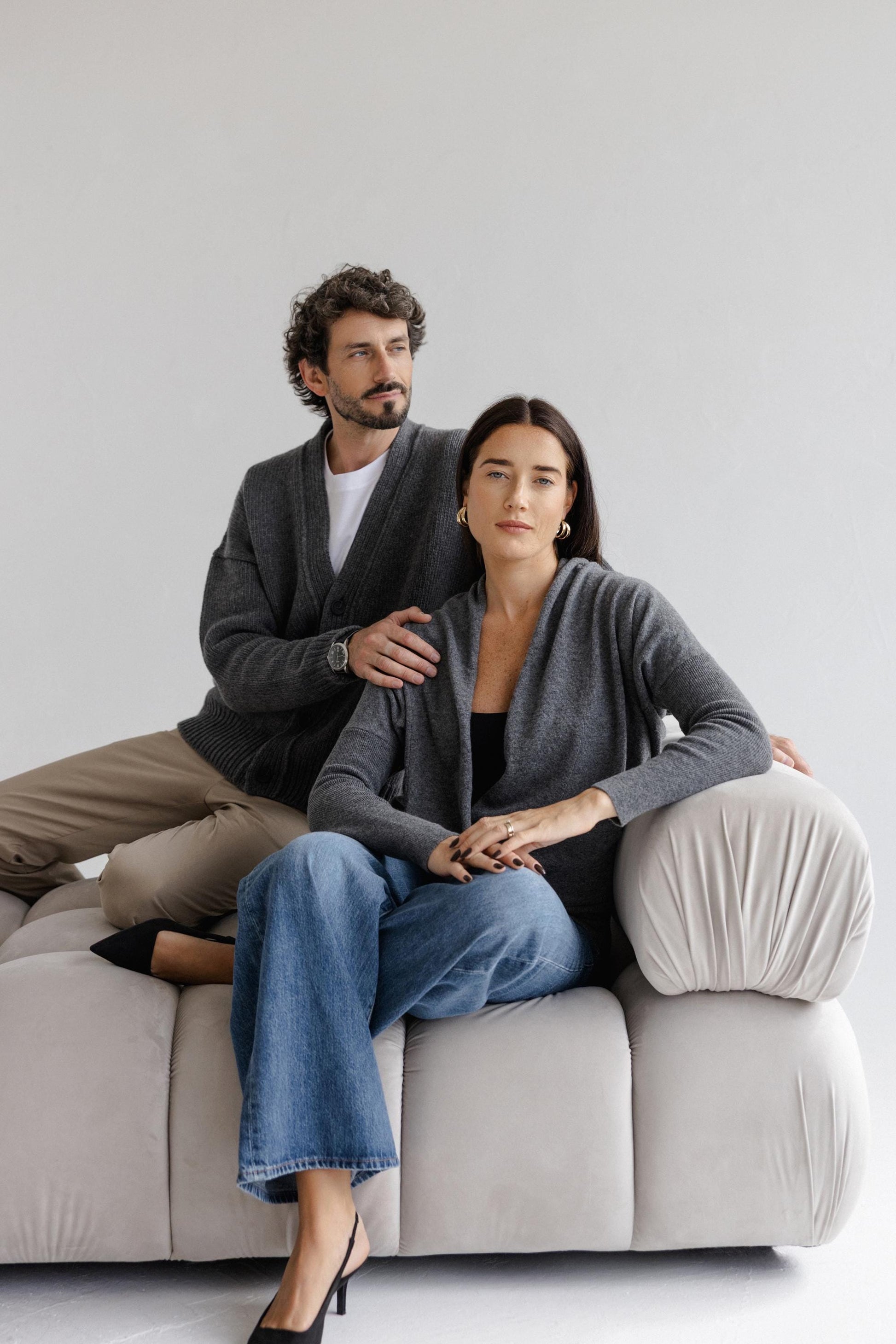 Gray Knitted Merino Wool Deep V-neck Oversized Women's Sweater