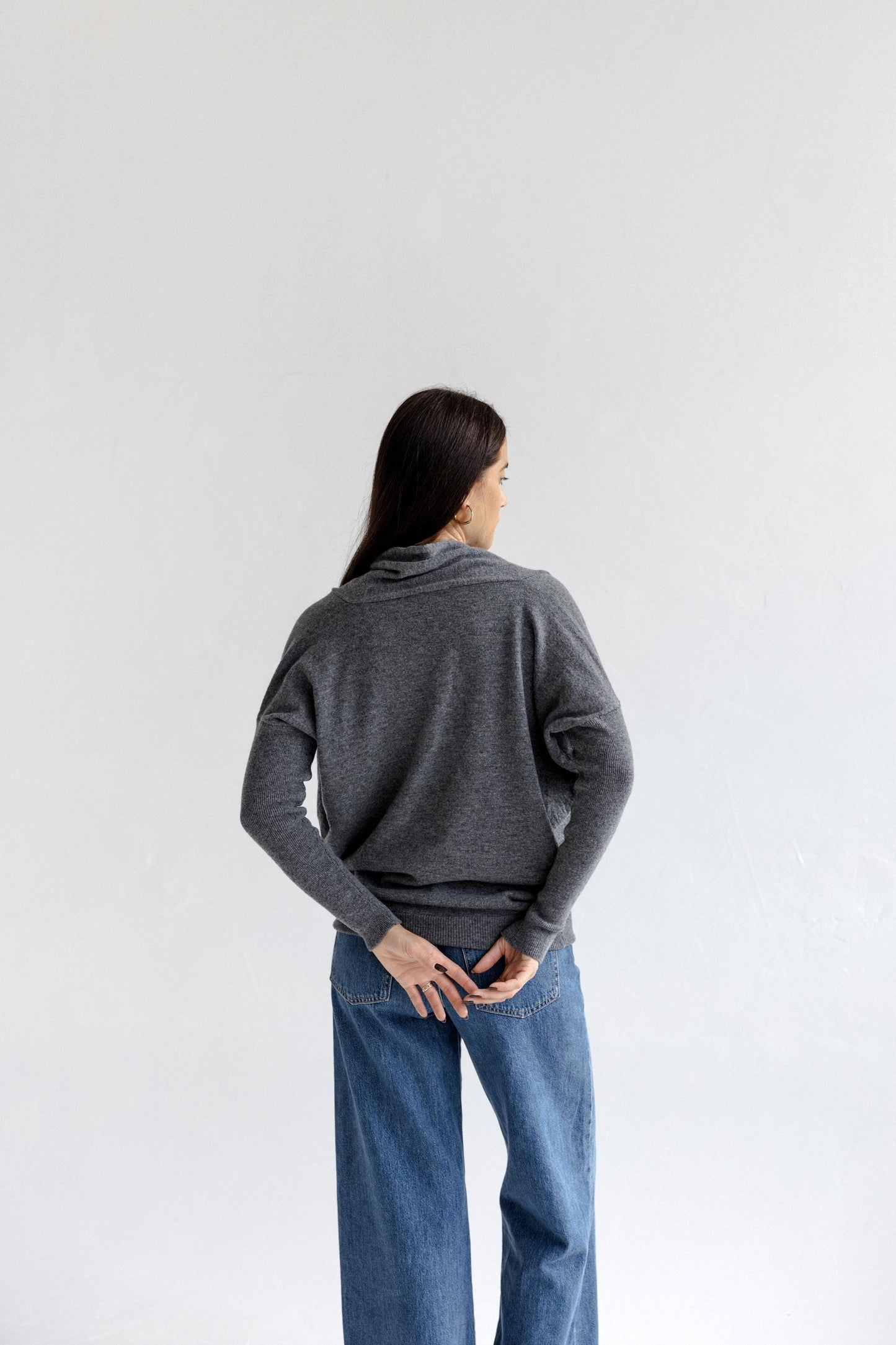 Gray Knitted Merino Wool Deep V-neck Oversized Women's Sweater