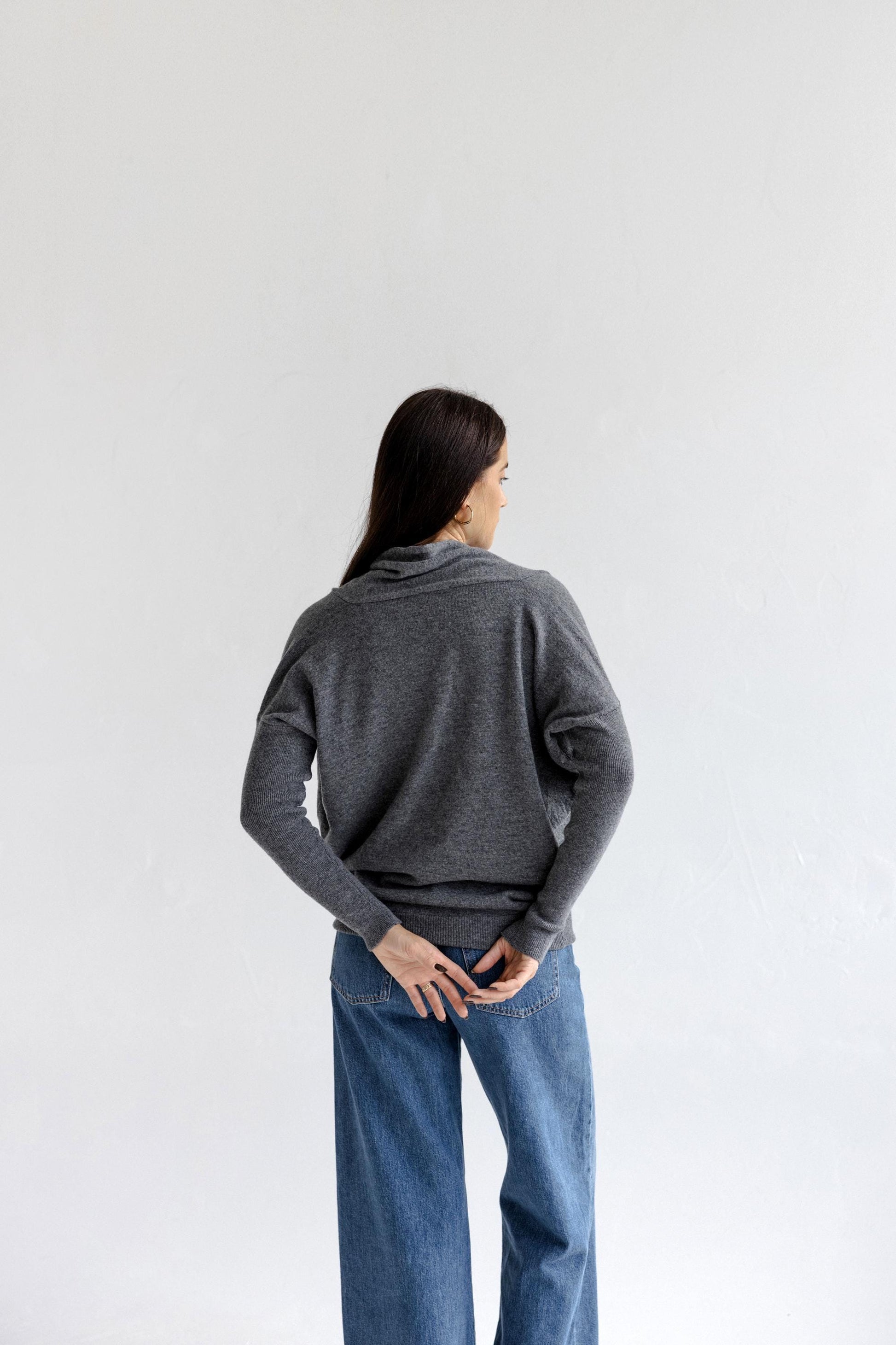 Gray Knitted Merino Wool Deep V-neck Oversized Women's Sweater