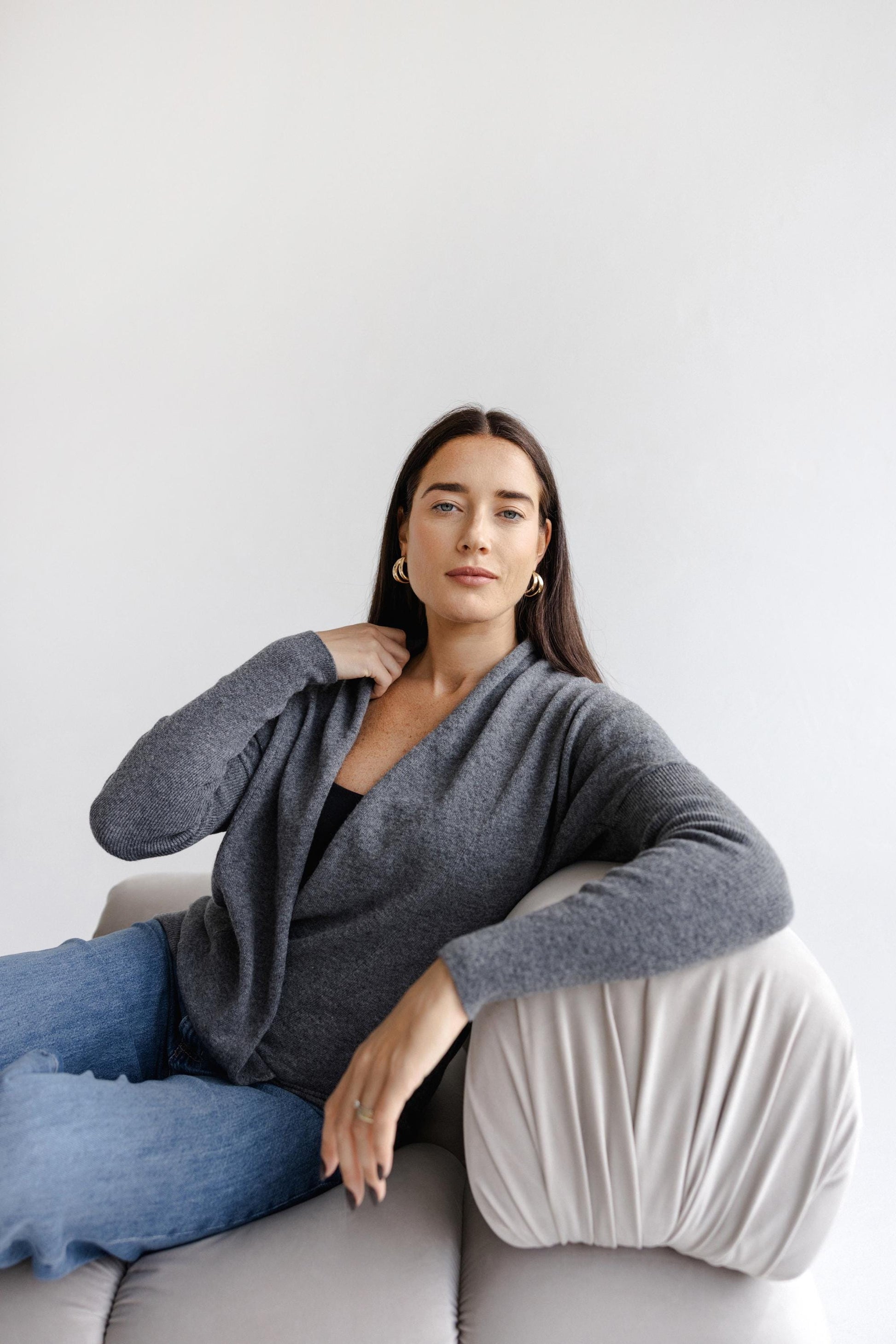 Gray Knitted Merino Wool Deep V-neck Oversized Women's Sweater