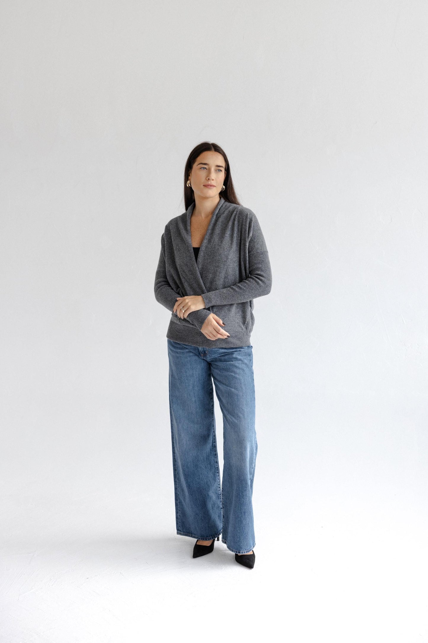 Gray Knitted Merino Wool Deep V-neck Oversized Women's Sweater