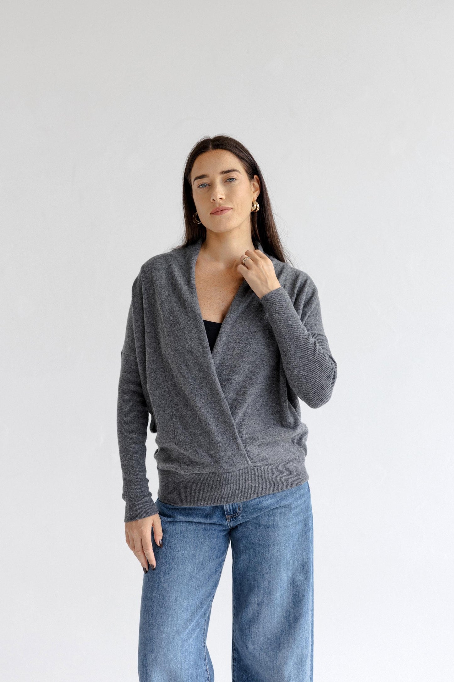 Gray Knitted Merino Wool Deep V-neck Oversized Women's Sweater