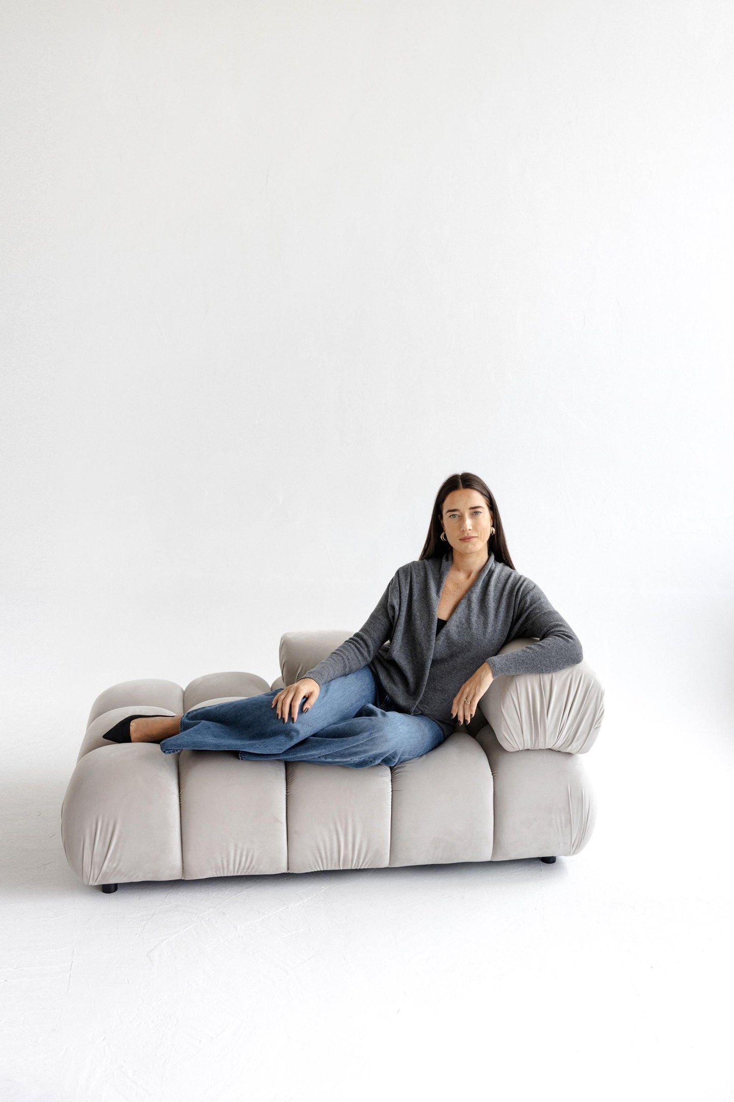 Gray Knitted Merino Wool Deep V-neck Oversized Women's Sweater
