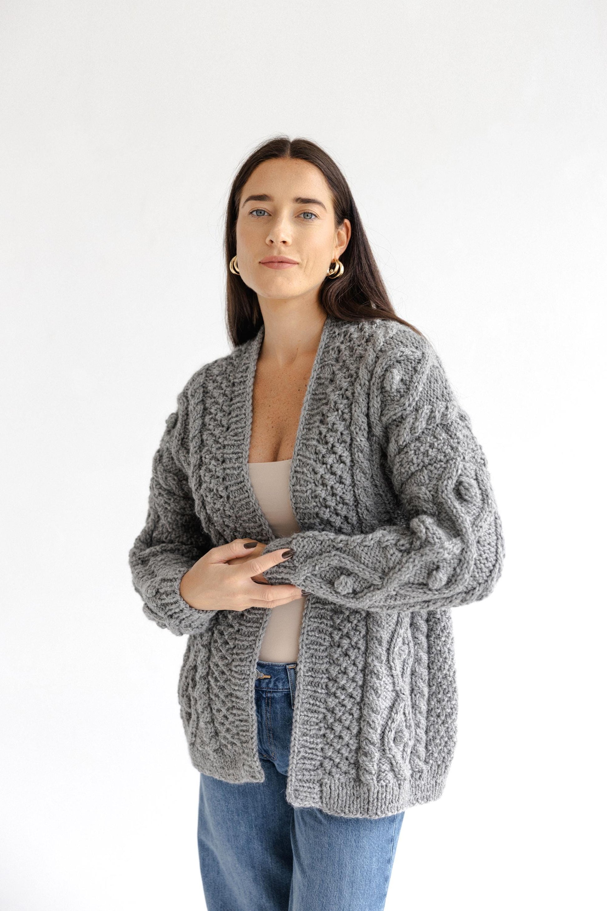 Light Gray Chunky Knit Oversized Alpaca Cardigan, Cable Knit Women's Jacket, Irish Sweater For Woman, Fair Isle Handmade Wool Cardigan, Gift