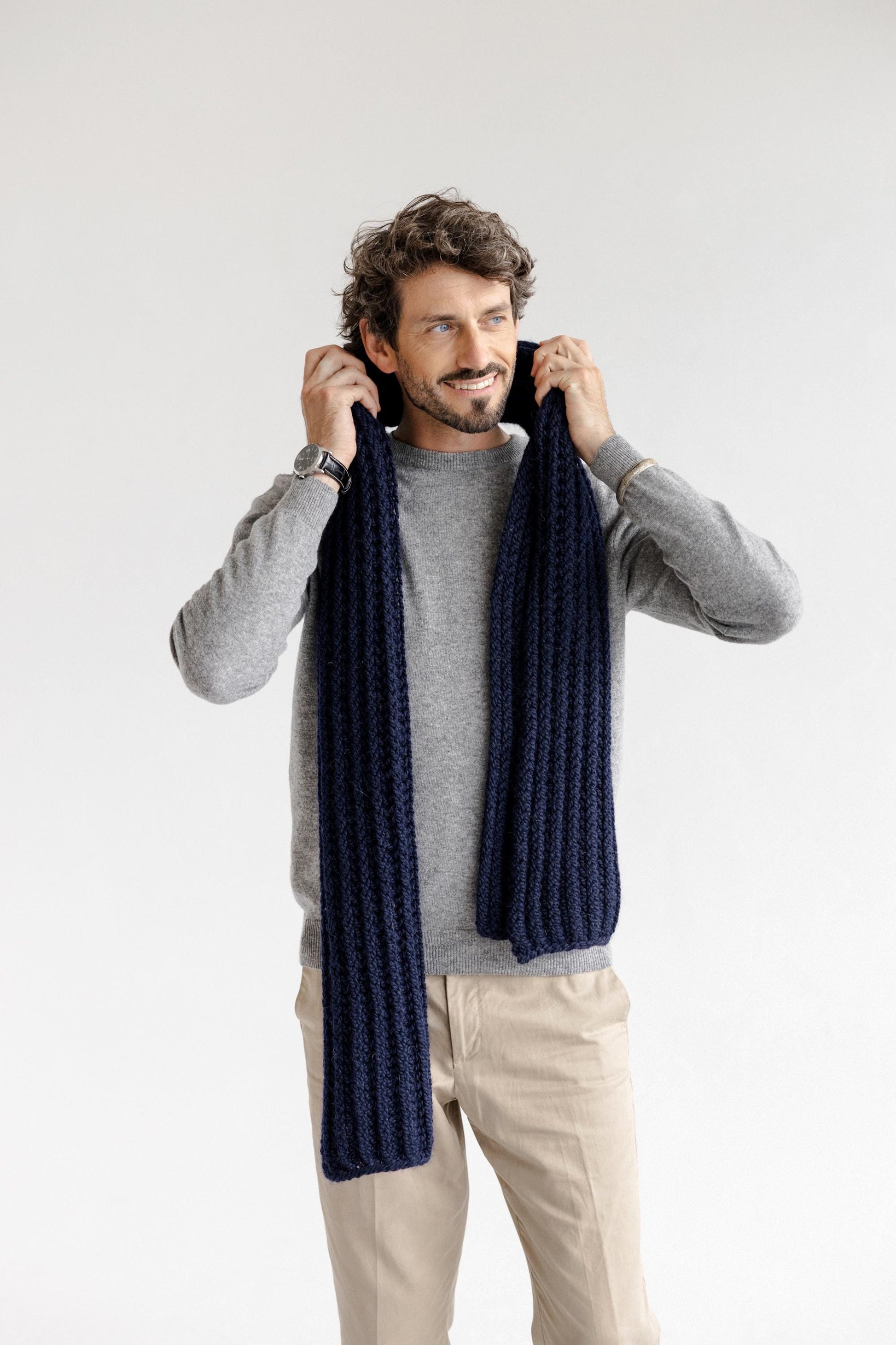 Navy Blue Chunky Knitted Long Alpaca Wool Scarf, Oversized Cable Knit Scarves, Handmade Ribbed Men's Neck Warmer,The Best Gift For Boyfriend