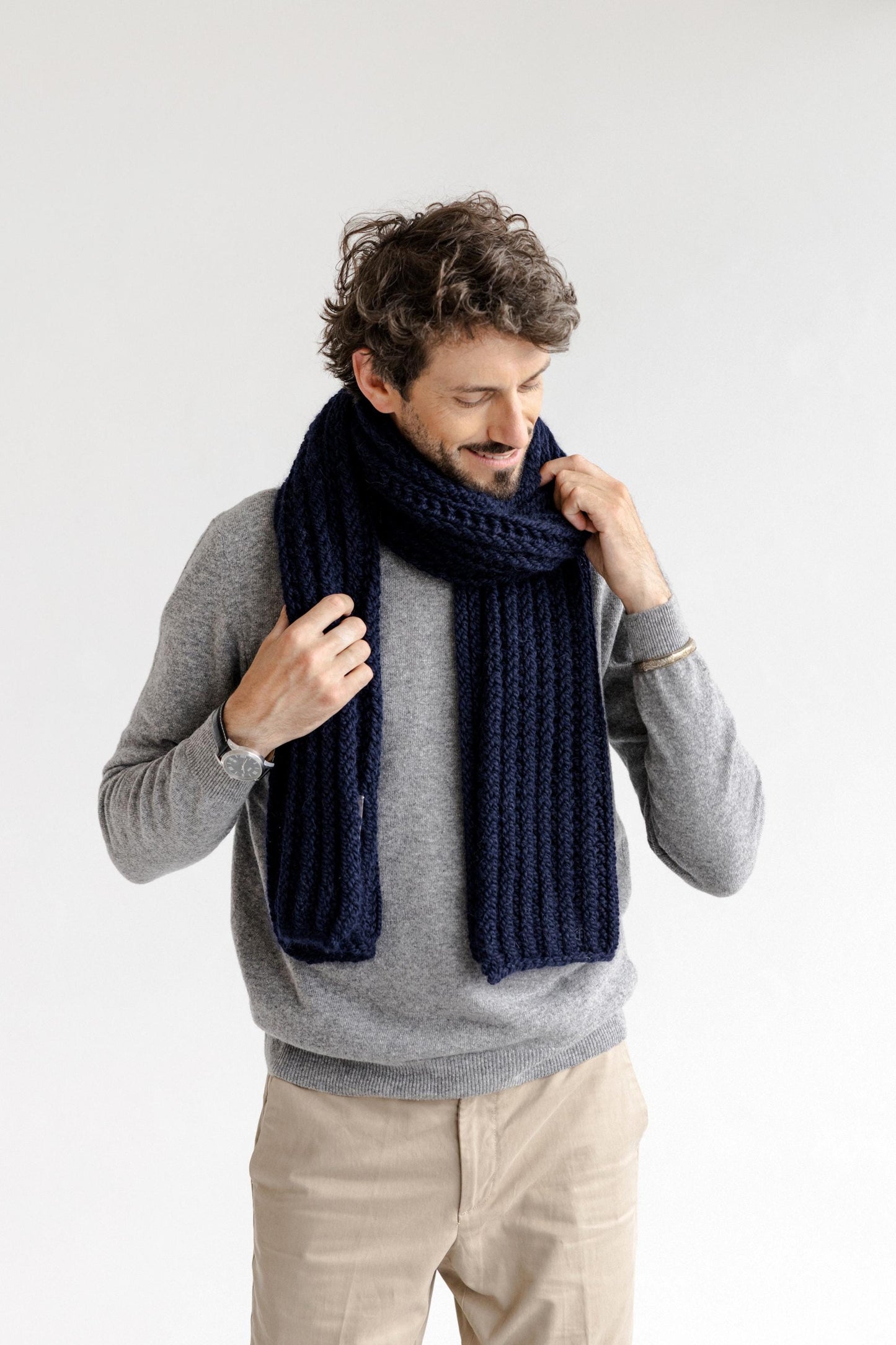 Navy Blue Chunky Knitted Long Alpaca Wool Scarf, Oversized Cable Knit Scarves, Handmade Ribbed Men's Neck Warmer,The Best Gift For Boyfriend