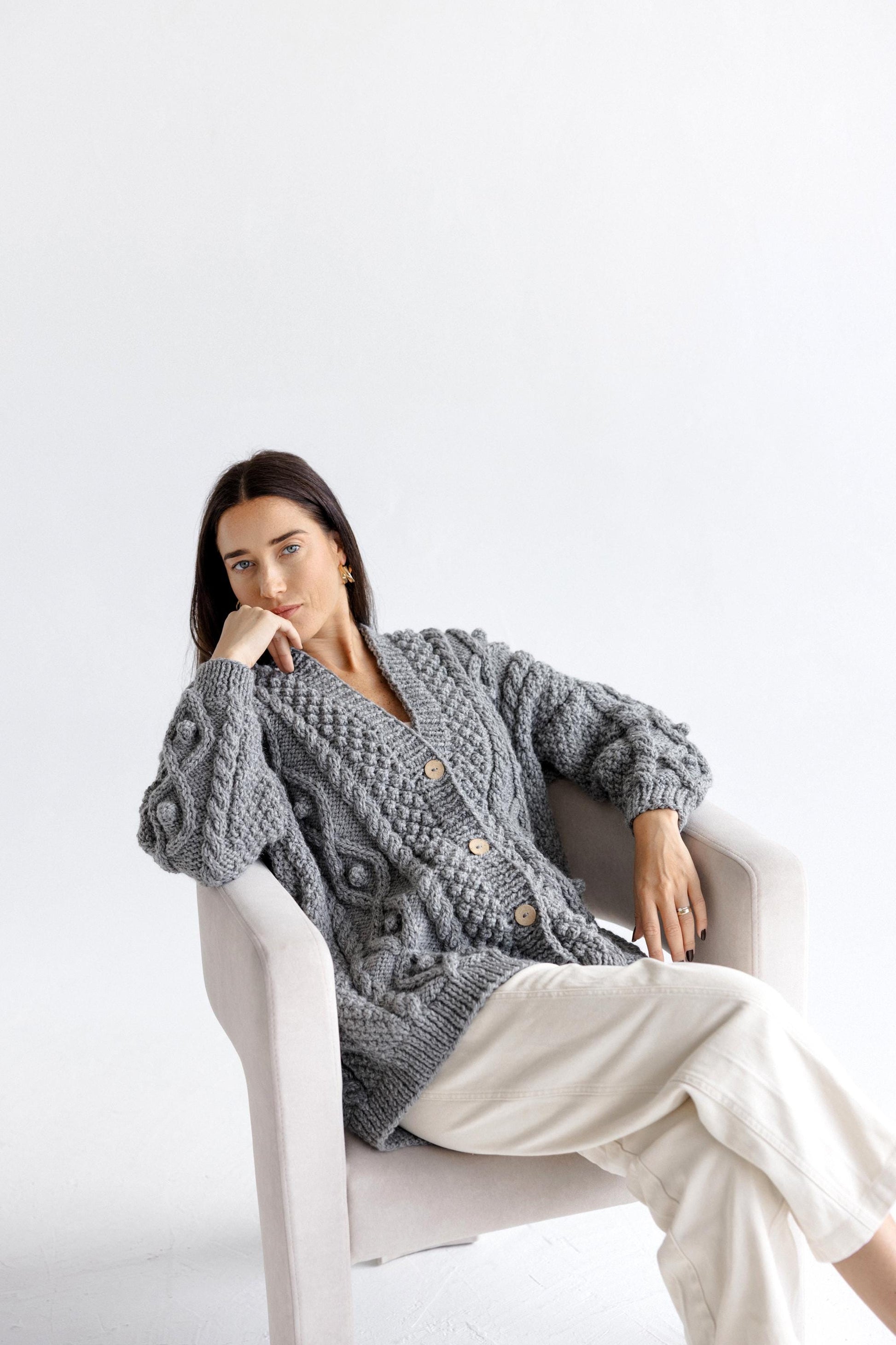 Light Gray Oversized Alpaca Cardigan With Buttons, Chunky Cable Knit Cardigan, Grey Irish Women Sweater, Handmade Wool Cardigan For Women