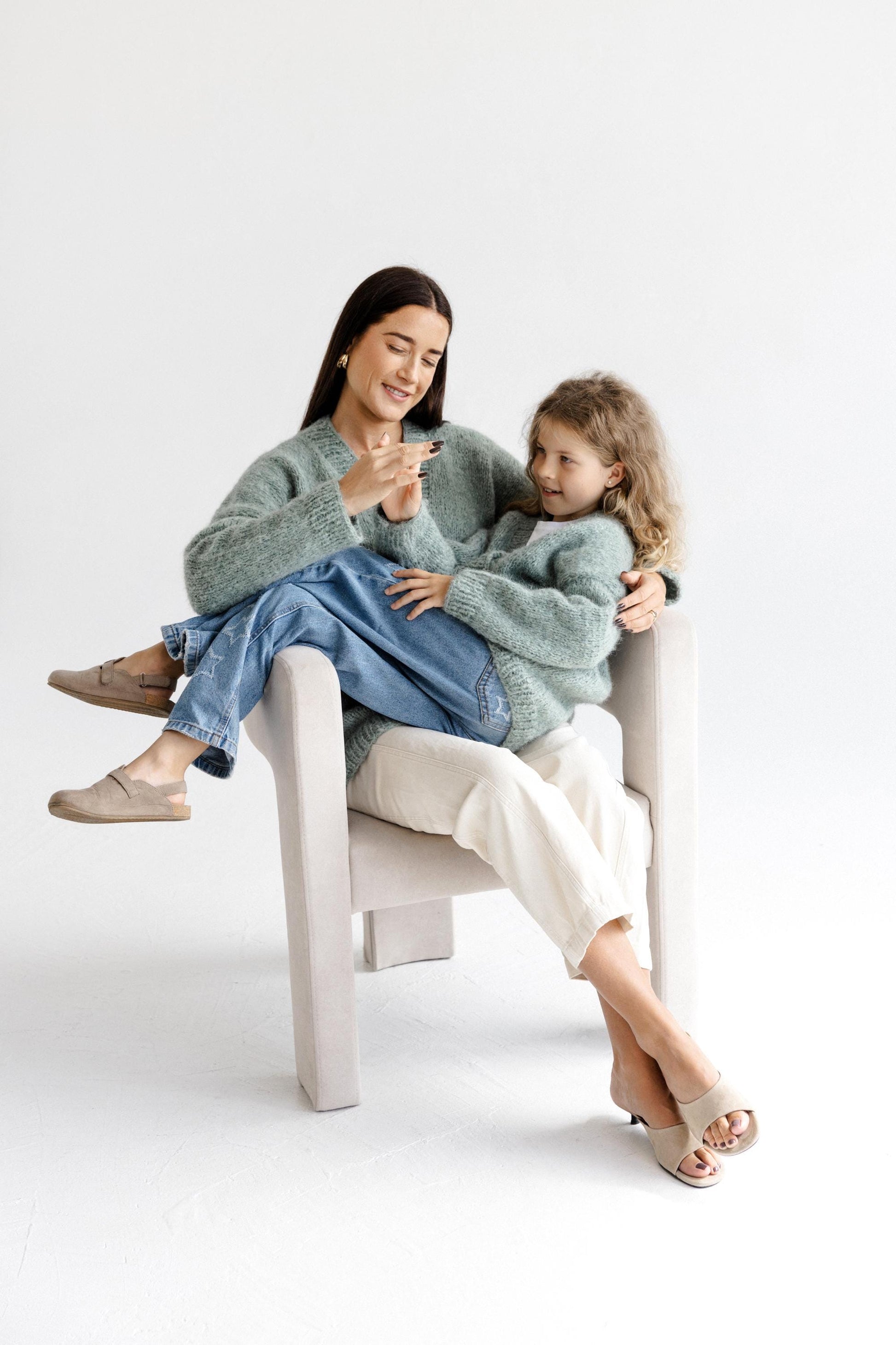 Matching Mommy and Me Cable Knit Cardigans, Green Me & Mini Me, Mother And Daughter Matching Cardigans With Buttons and Pockets, Family Gift