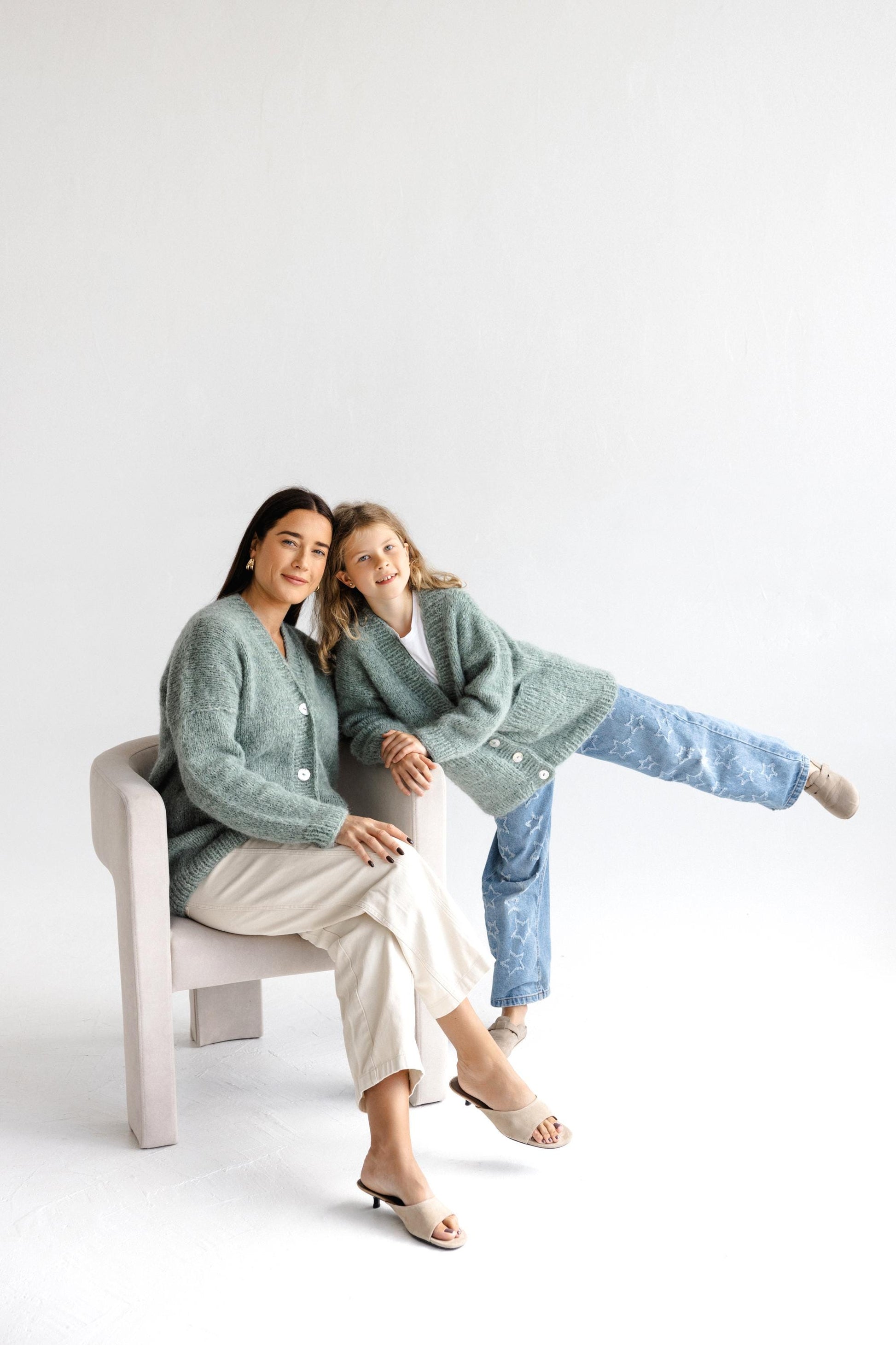 Matching Mommy and Me Cable Knit Cardigans, Green Me & Mini Me, Mother And Daughter Matching Cardigans With Buttons and Pockets, Family Gift