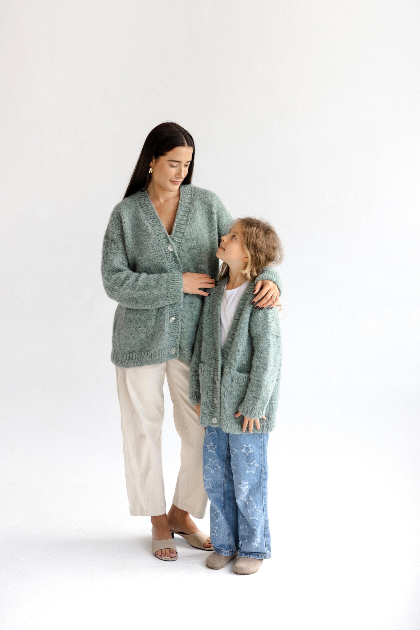 Matching Mommy and Me Cable Knit Cardigans, Green Me & Mini Me, Mother And Daughter Matching Cardigans With Buttons and Pockets, Family Gift