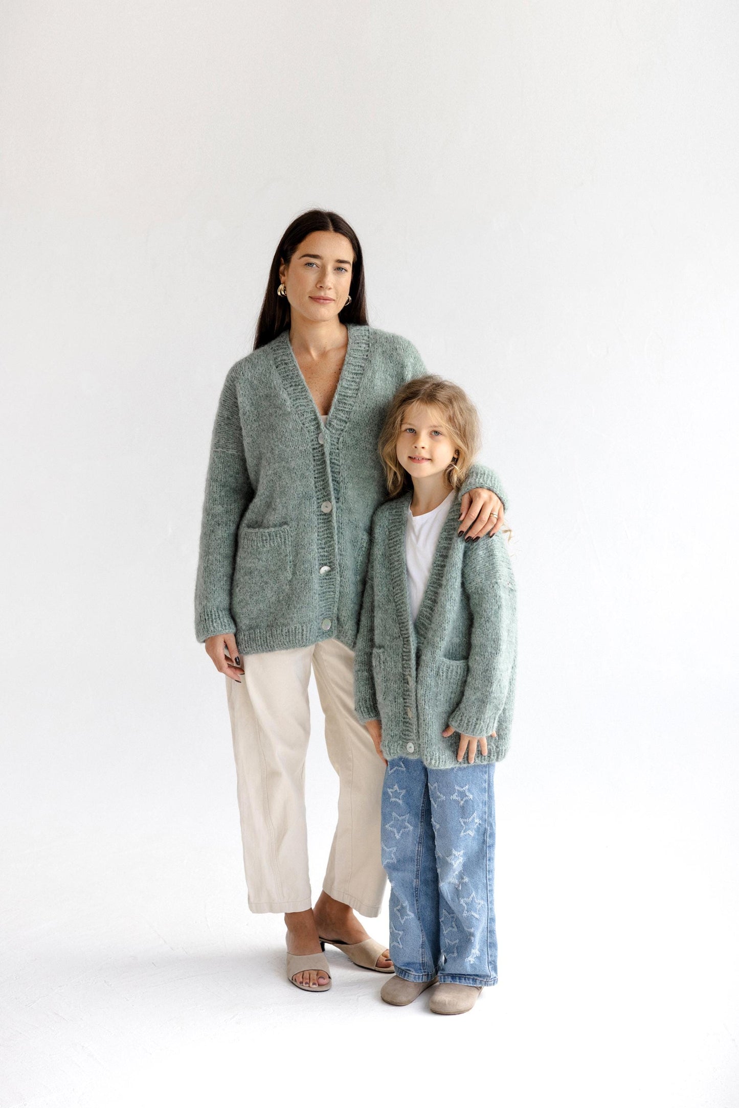 Green Knitted Alpaca Wool And Silk Handmade Girl's Cardigan With Buttons and Pockets