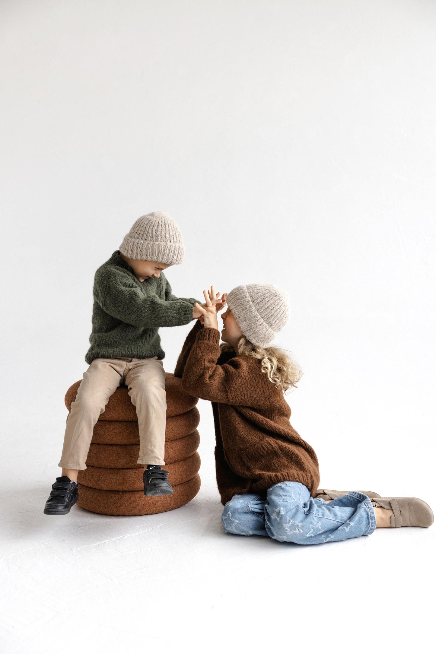 Beige Handmade Cable Knit Alpaca Wool Winter Hat, Camel Warm Beanie For Brother And Sister, Matching Family Accessories