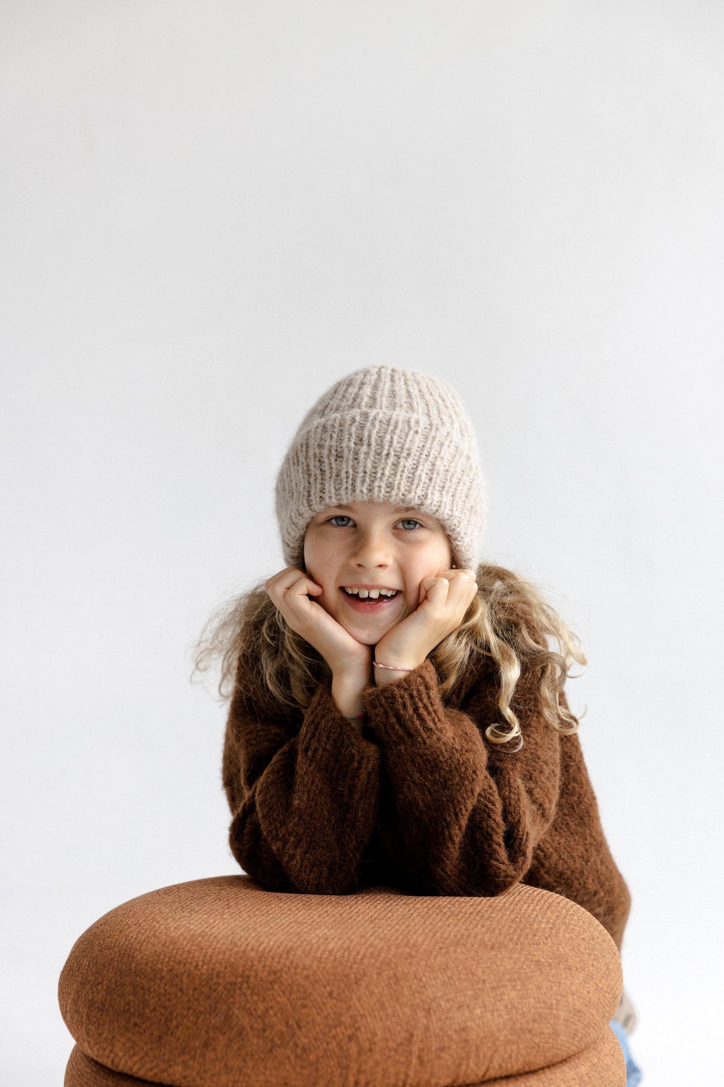 Beige Handmade Cable Knit Alpaca Wool Winter Hat, Camel Warm Beanie For Brother And Sister, Matching Family Accessories