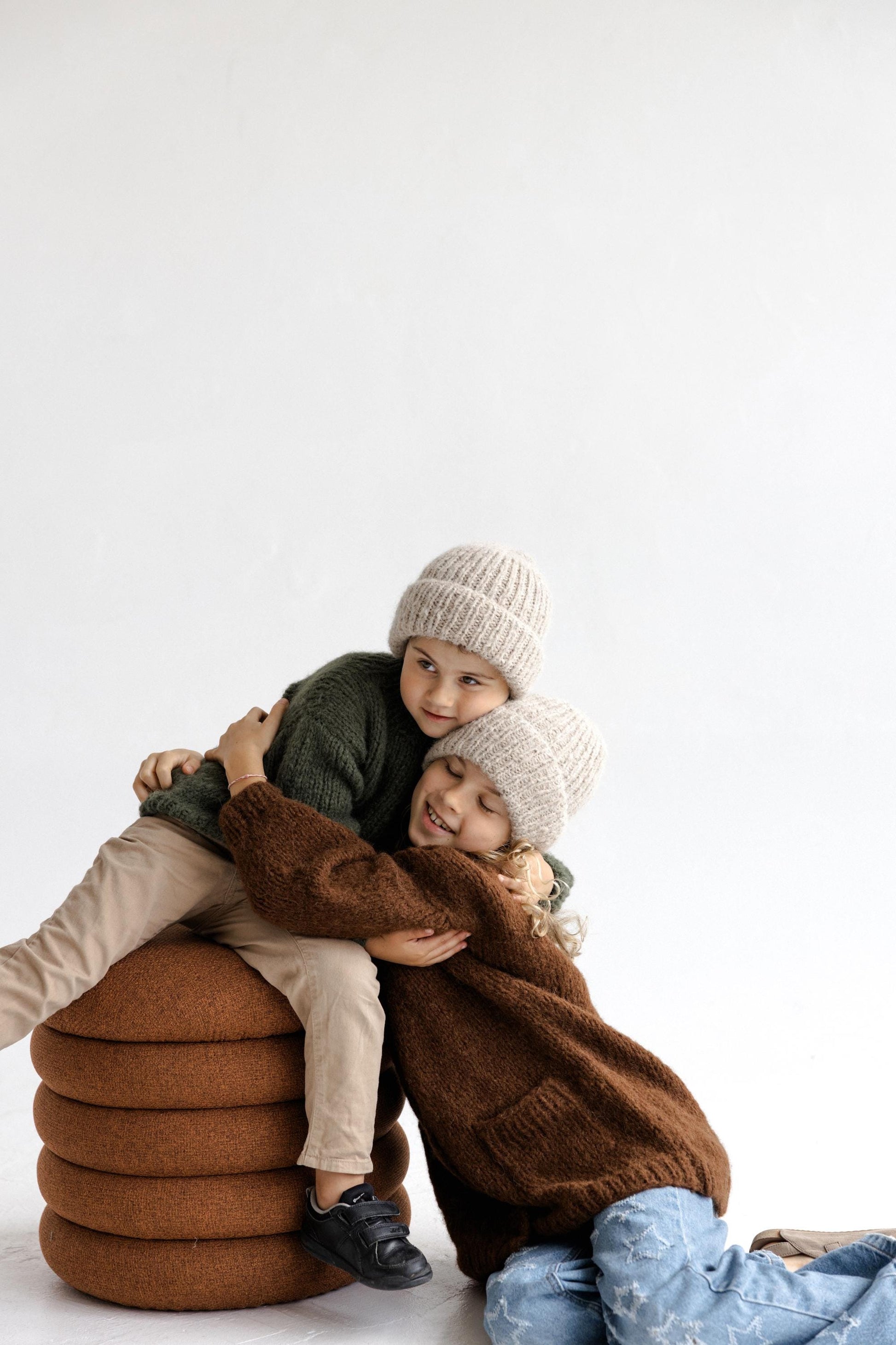 Beige Handmade Cable Knit Alpaca Wool Winter Hat, Camel Warm Beanie For Brother And Sister, Matching Family Accessories