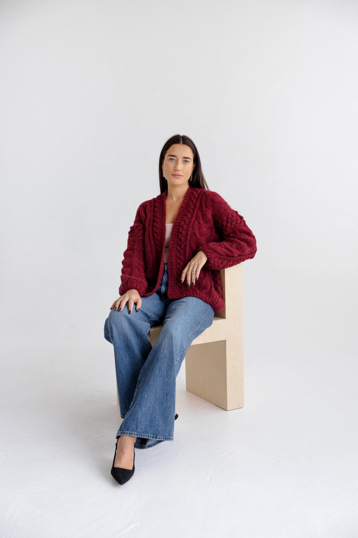 Bordeaux Cable Knit Alpaca Wool Cardigan, Burgundy Chunky Knitted Handmade Woolen Sweater, Blood Red Aran Style Slightly Oversized Cardigan