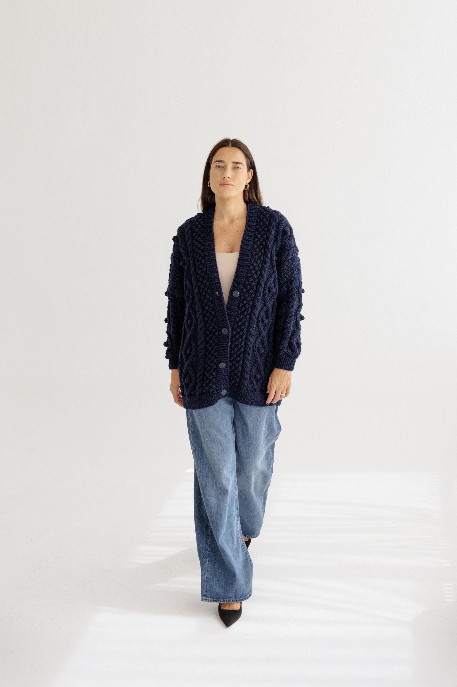 Handmade Navy Blue Aran Cable Knitted Oversized Alpaca Wool Cardigan With Buttons, Chunky Knit Irish Style Women's Button-up V-neck Sweater