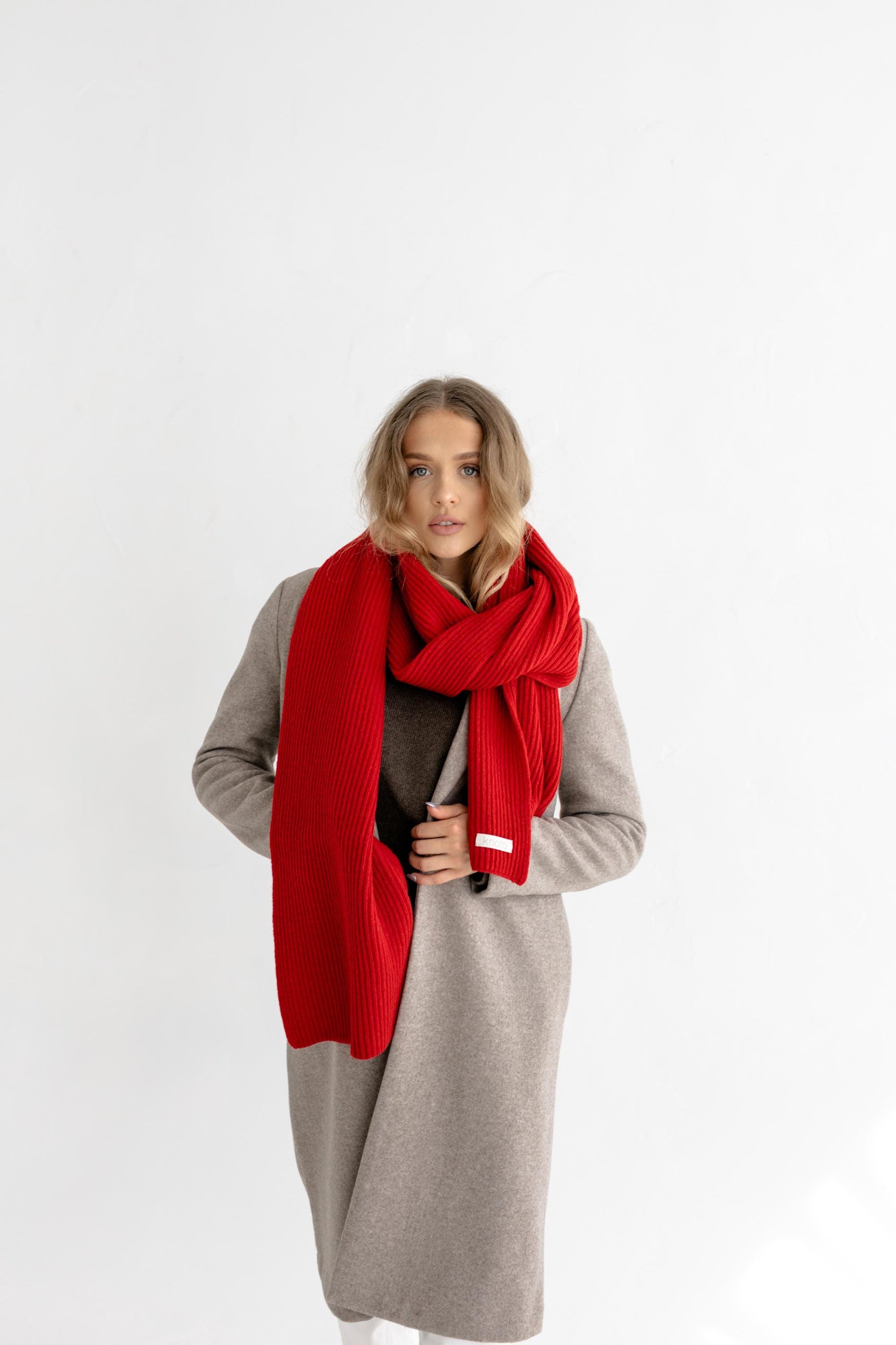 Long Soft Beige Knitted Merino Wool Women's Scarf, Warm Camel Ribbed Knit Minimal Fall Winter Scarves, Taupe Unisex Neck Wrap, Gift For Her