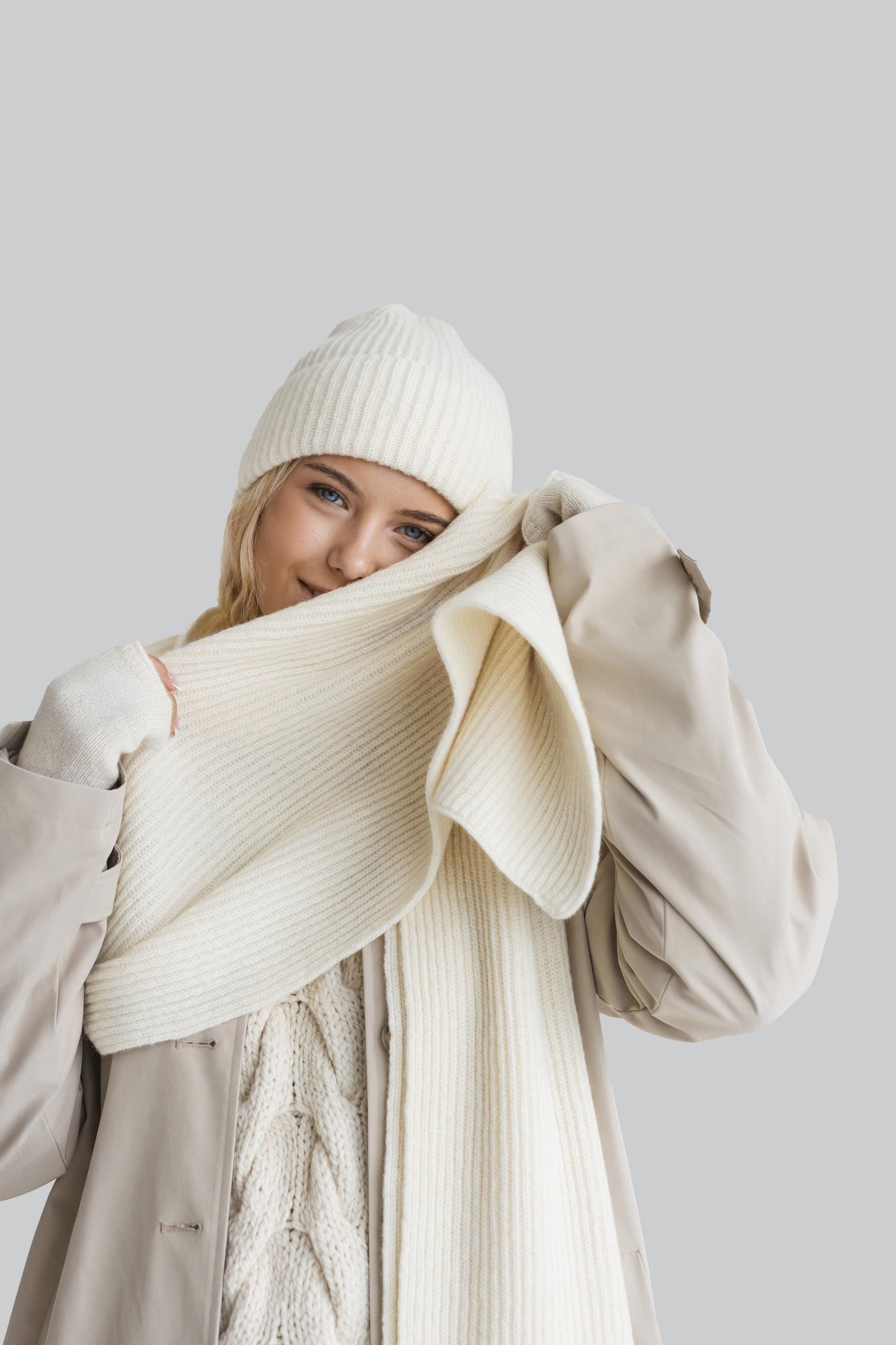 White Knitted Merino Wool And Cashmere Fall Winter Accessories, Long Ribbed Knit Women's Scarf, Hat And Fingerless Mittens,Perfect Gift Idea