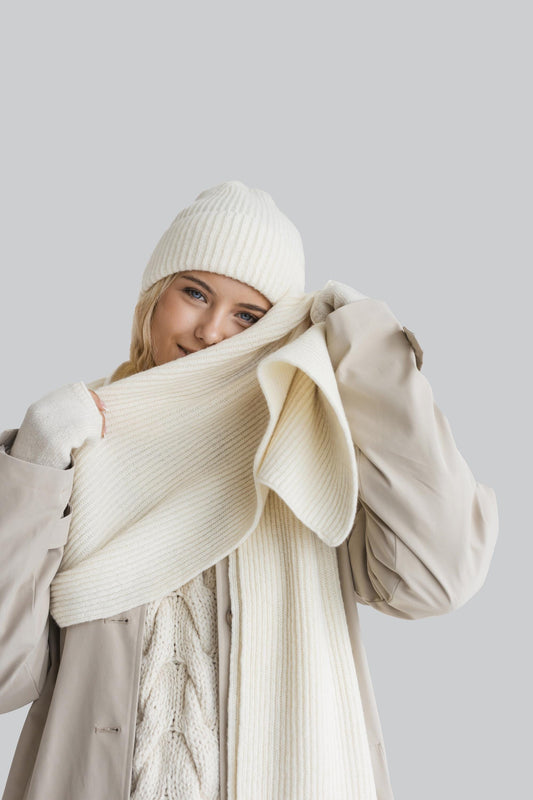 White Knitted Merino Wool And Cashmere Fall Winter Accessories, Long Ribbed Knit Women's Scarf, Hat And Fingerless Mittens,Perfect Gift Idea