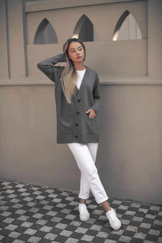 Gray knit cashmere blend buttoned cardigan with pockets, ash grey merino wool knitted oversized sweater with buttons,long xl gilet for women