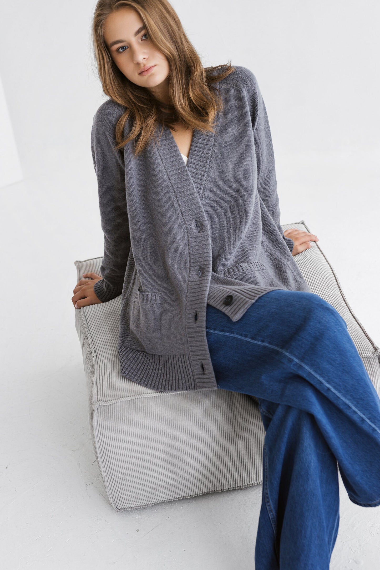 Gray knitted merino wool and cashmere blend cardigan with pockets and buttons, slightly oversized grey knit sweater for women, minimal gift