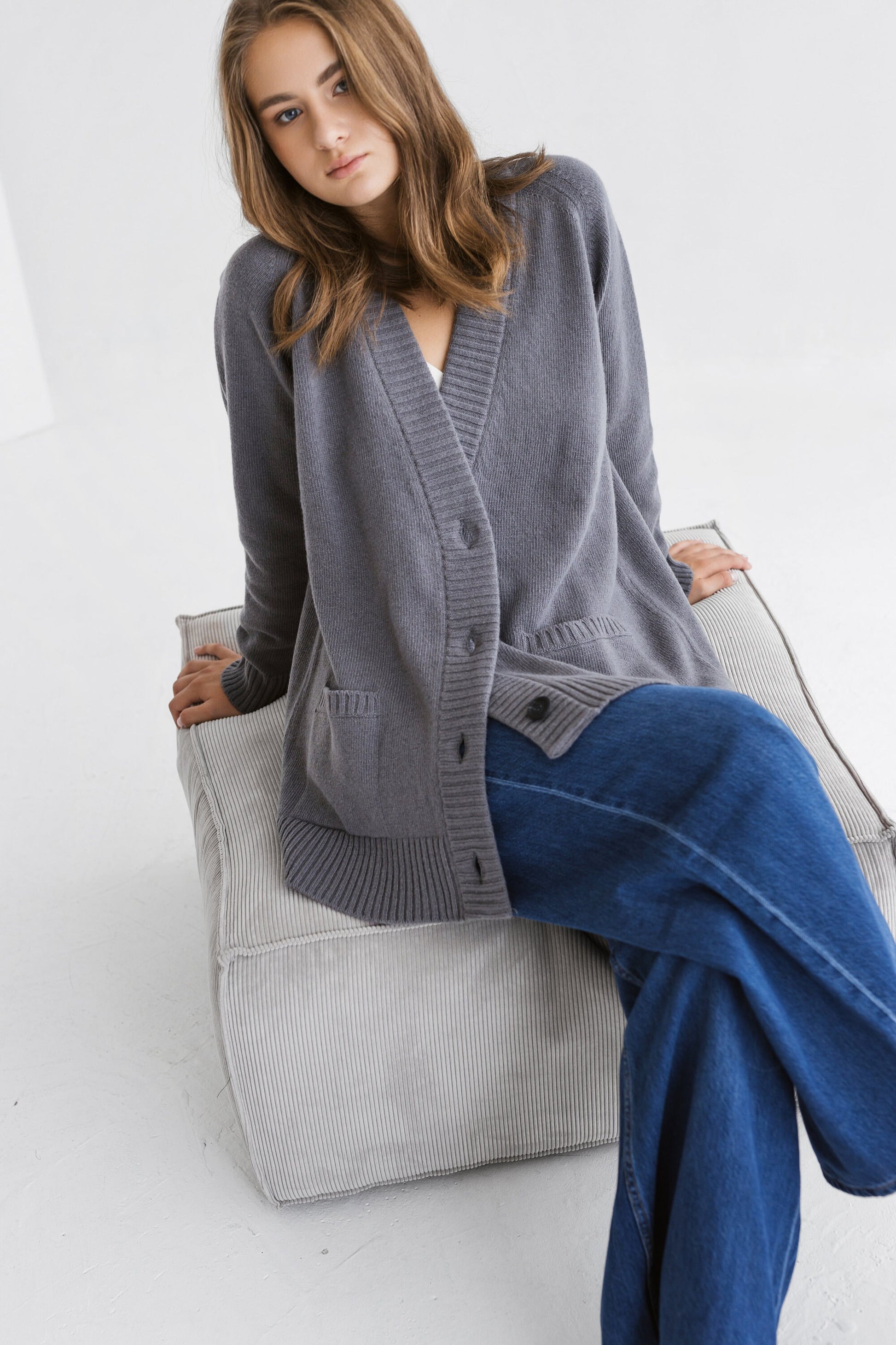 Gray knitted merino wool and cashmere blend cardigan with pockets and buttons, slightly oversized grey knit sweater for women, minimal gift