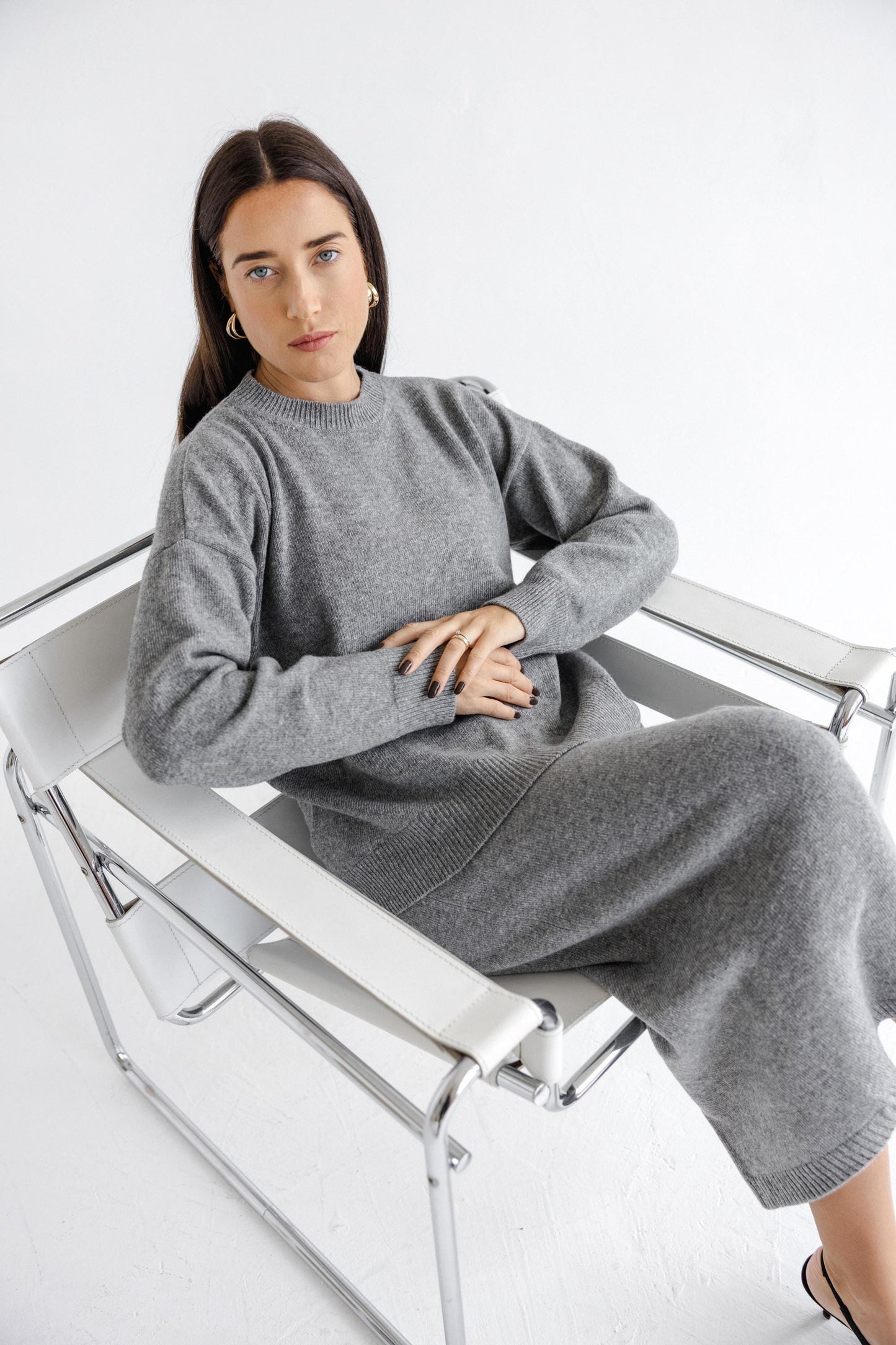 Gray Knitted Merino Wool Oversized Sweater With Classic Style Maxi Pensil Skirt With Back Slit Set For Women, Grey High Waist Long Skirt Set