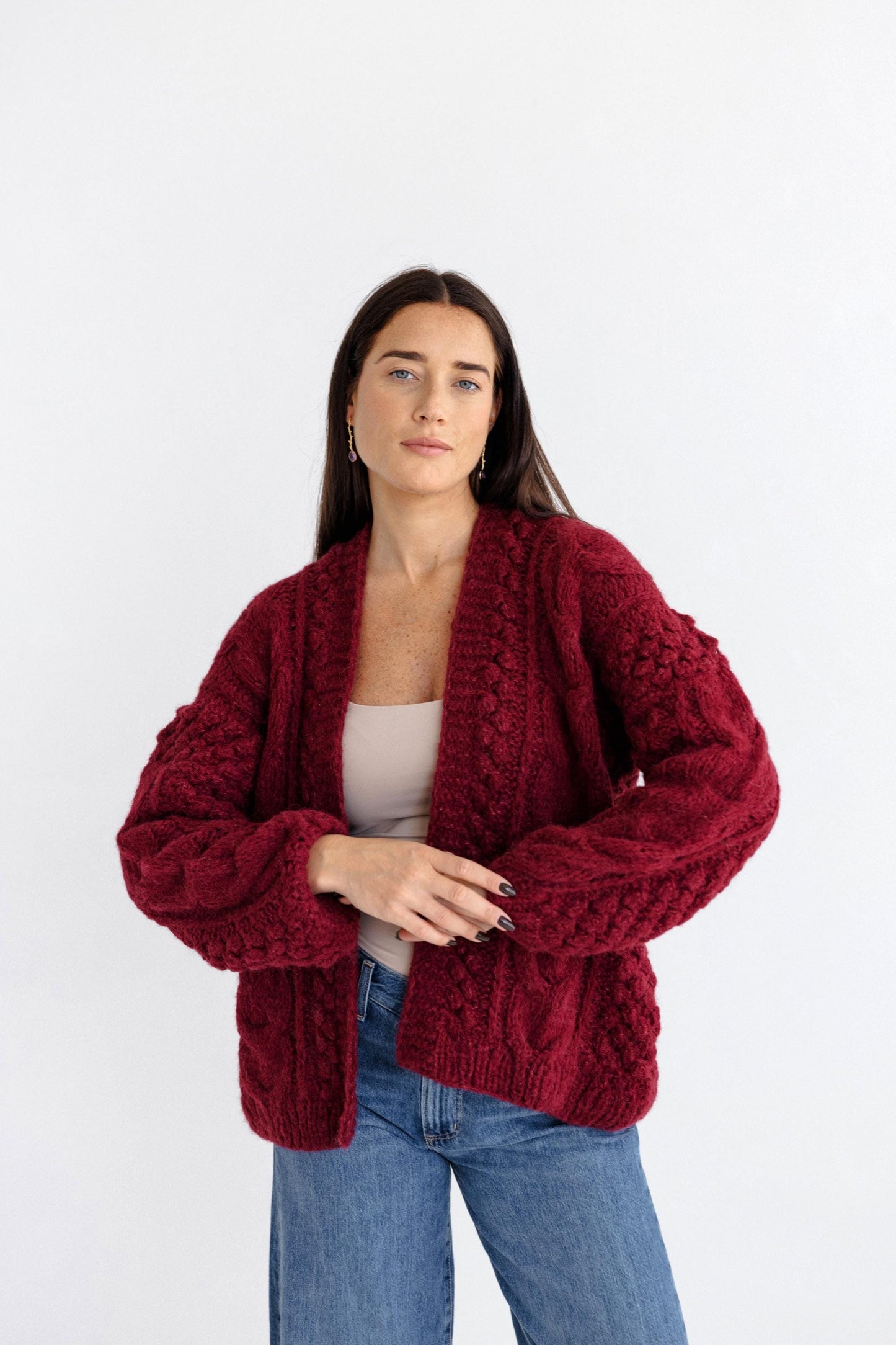 Bordeaux Cable Knit Alpaca Wool Cardigan, Burgundy Chunky Knitted Handmade Woolen Sweater, Blood Red Aran Style Slightly Oversized Cardigan