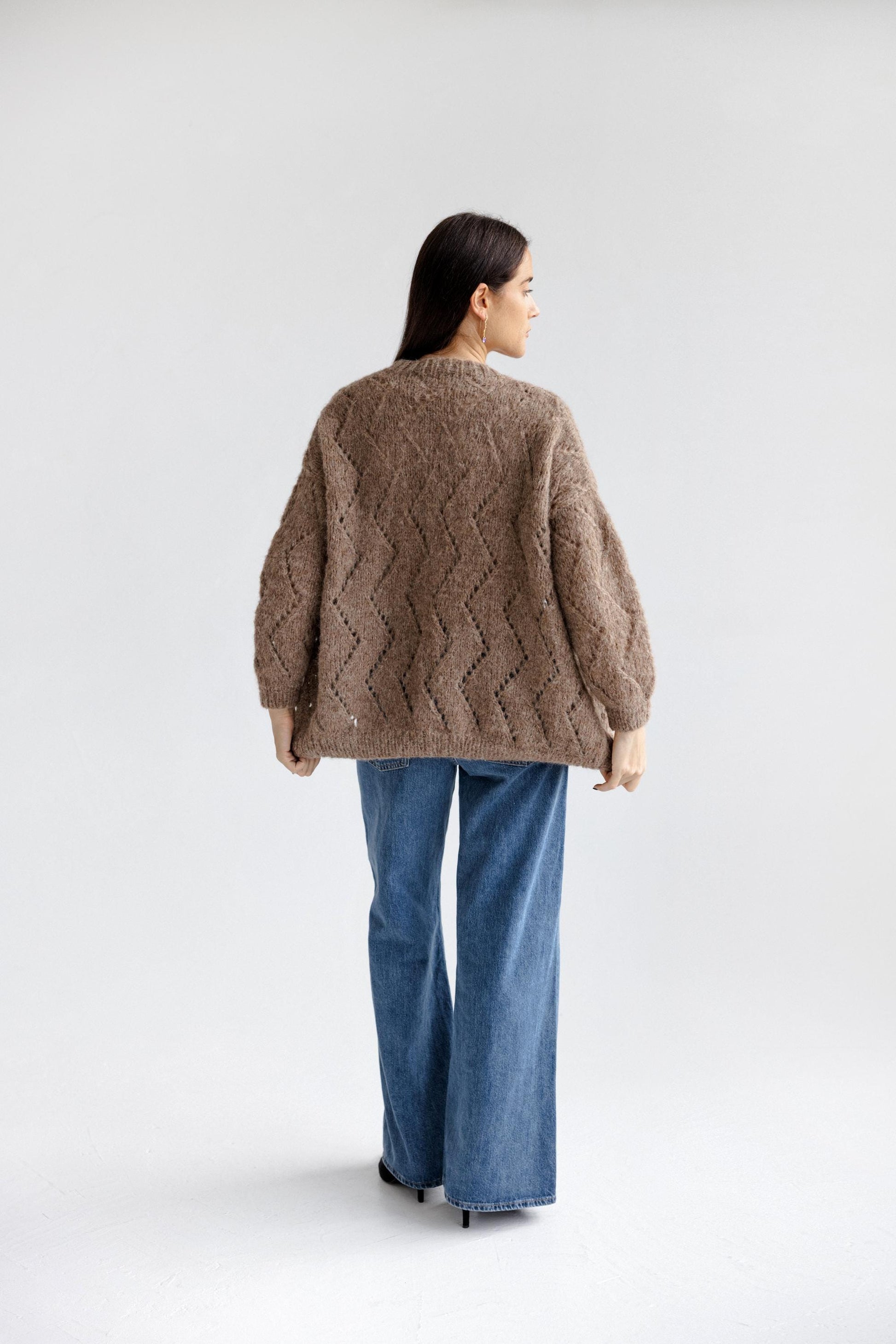 Beige Cable Knit Alpaca Wool Cardigan With Pockets, Taupe Slightly Oversized Hand Knitted Boho Style Women's Fall Strickjacket, Open Front