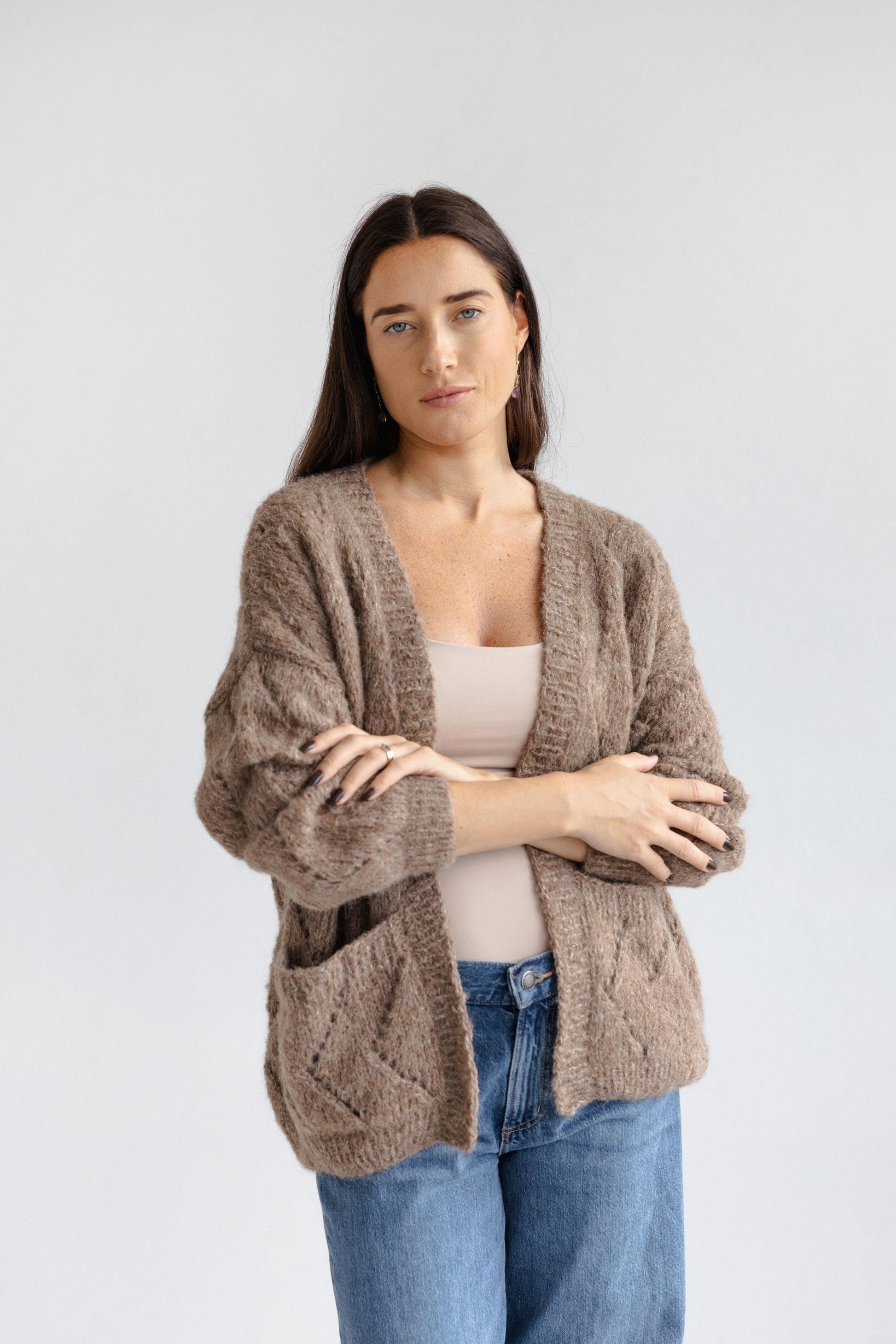 Beige Cable Knit Alpaca Wool Cardigan With Pockets, Taupe Slightly Oversized Hand Knitted Boho Style Women's Fall Strickjacket, Open Front