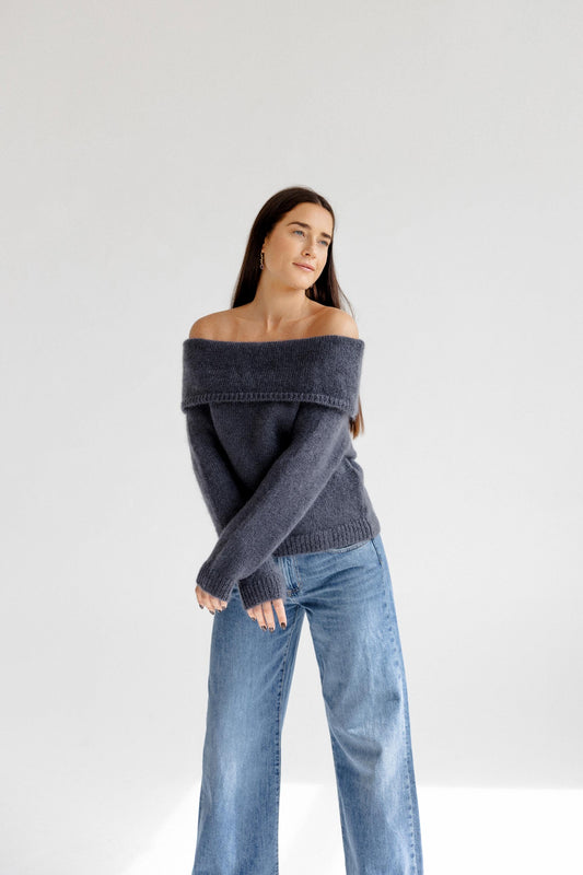 Gray Cable Knit Off-Shoulder Sweater, Slouchy Fold-Over Bardot Jumper, Fluffy Mohair Wool Pullover, Grey Chunky Fuzzy Knit for Women, Gift