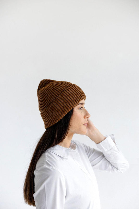 Brown Ribbed Knit Merino Wool Women's Fall Winter Hat