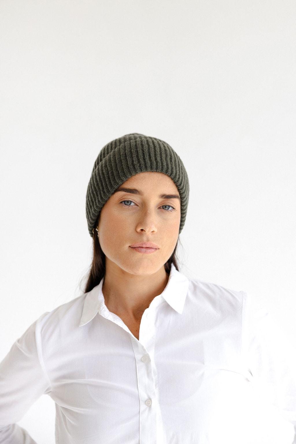Light beige Ribbed Knit Merino Wool Women's Fall Winter Hat