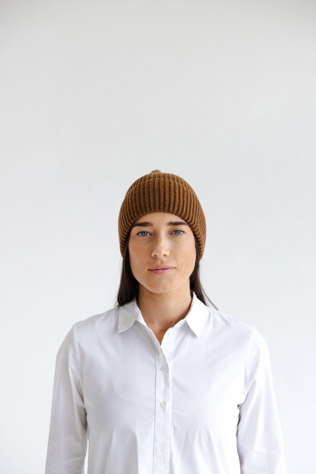 Brown Ribbed Knit Merino Wool Women's Fall Winter Hat