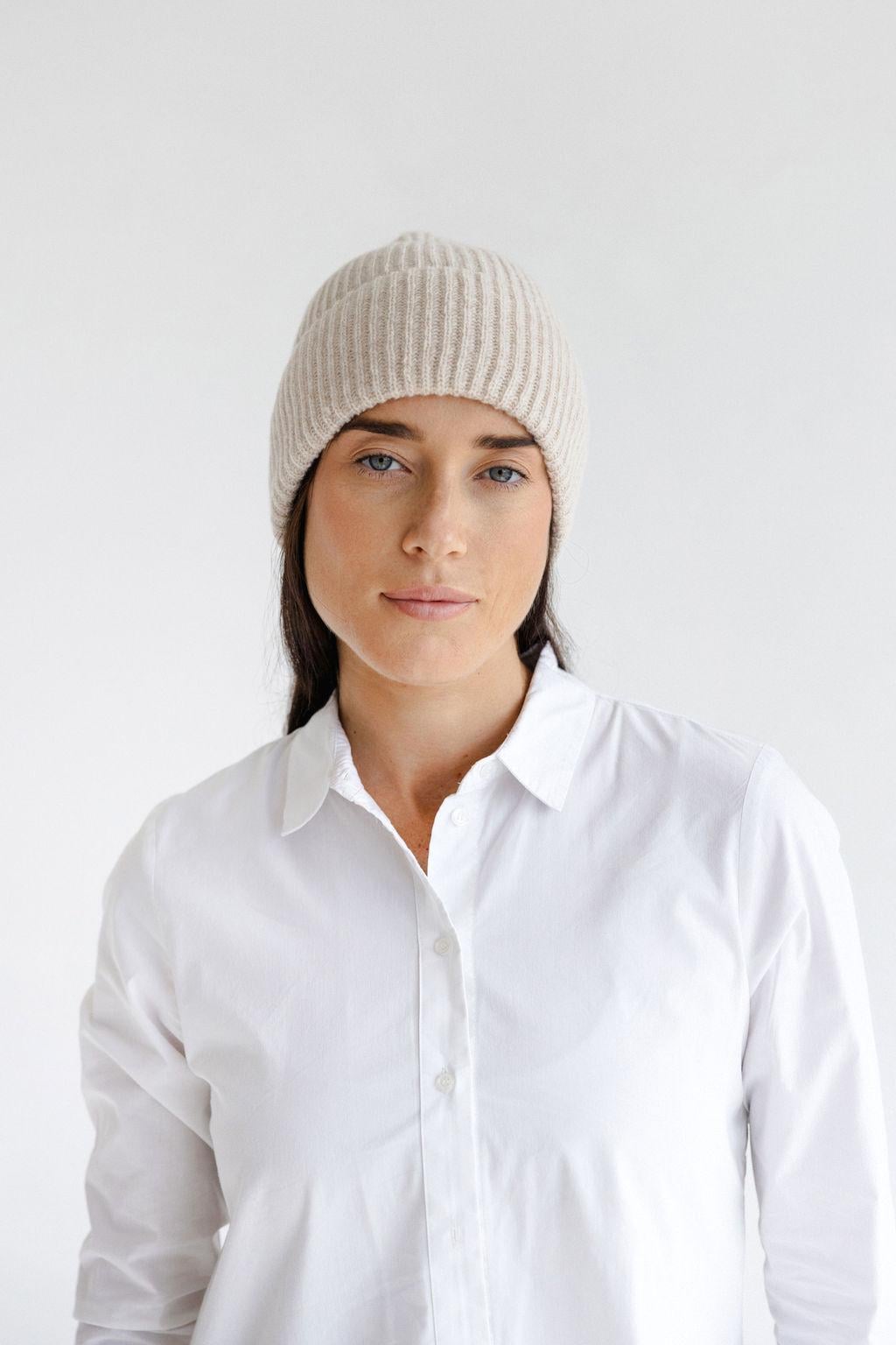 Light beige Ribbed Knit Merino Wool Women's Fall Winter Hat