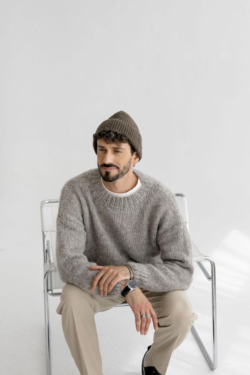 White Ribbed Knitted Merino Wool Men's Fall Winter Beanie Hat