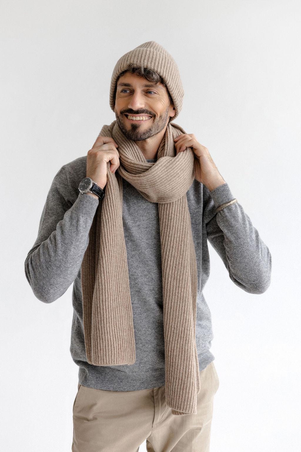 White Ribbed Knitted Merino Wool Men's Fall Winter Beanie Hat