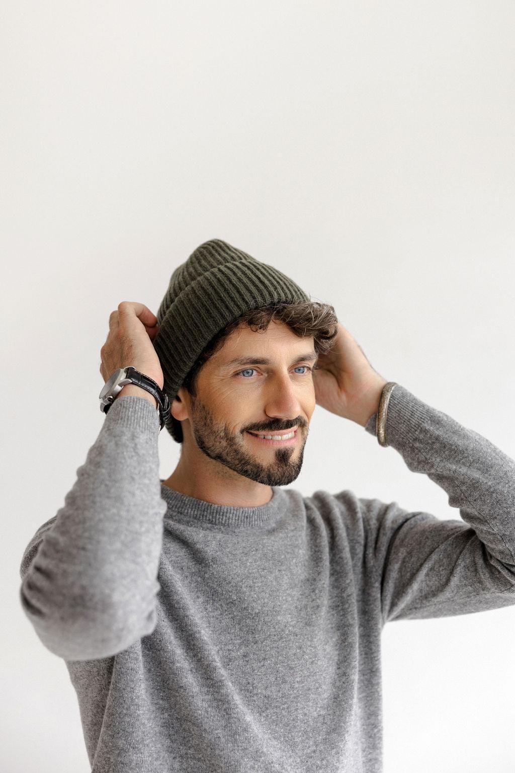 Green Ribbed Knitted Merino Wool Men's Fall Winter Beanie Hat