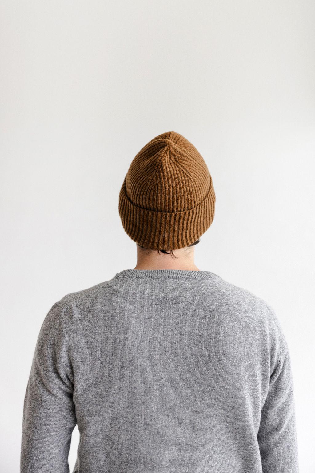 Toffee Brown Ribbed Knitted Merino Wool Men's Fall Winter Hat