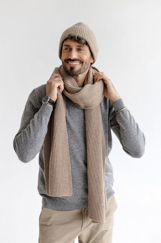 Beige Ribbed Knitted Merino Wool Men's Fall Winter Beanie Hat