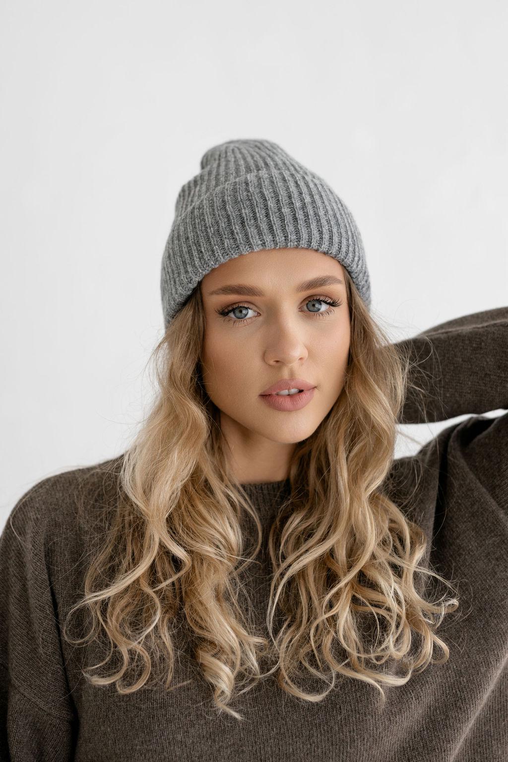 Beige knitted merino wool and cashmere hat for women, pastel sand ribbed knit minimalist beanie, camel classy fisherman hat, perfect gift