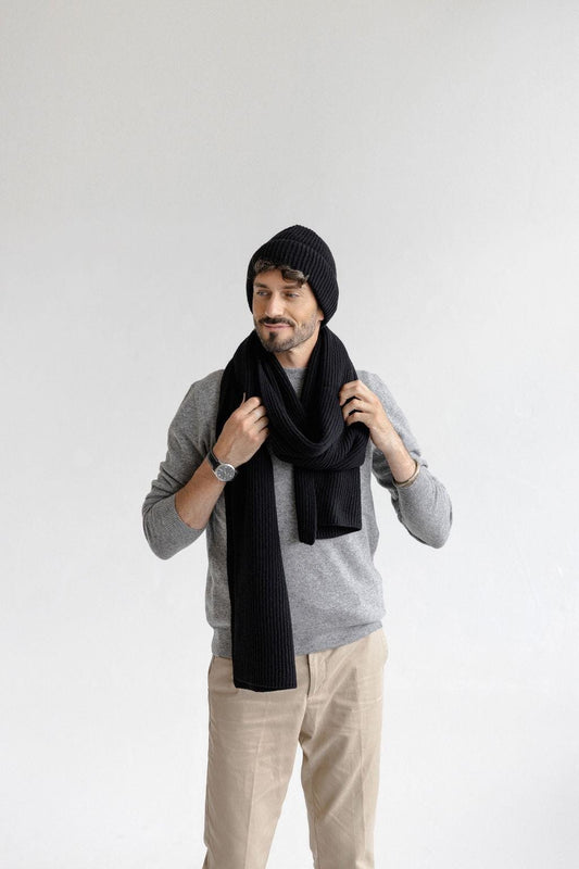 Long Soft Black Ribbed Knit Merino Wool Men's Scarf And Hat Set, Knitted Fall Winter Neck Warmer And Beanie Set, Gift For Boyfriend, Friend