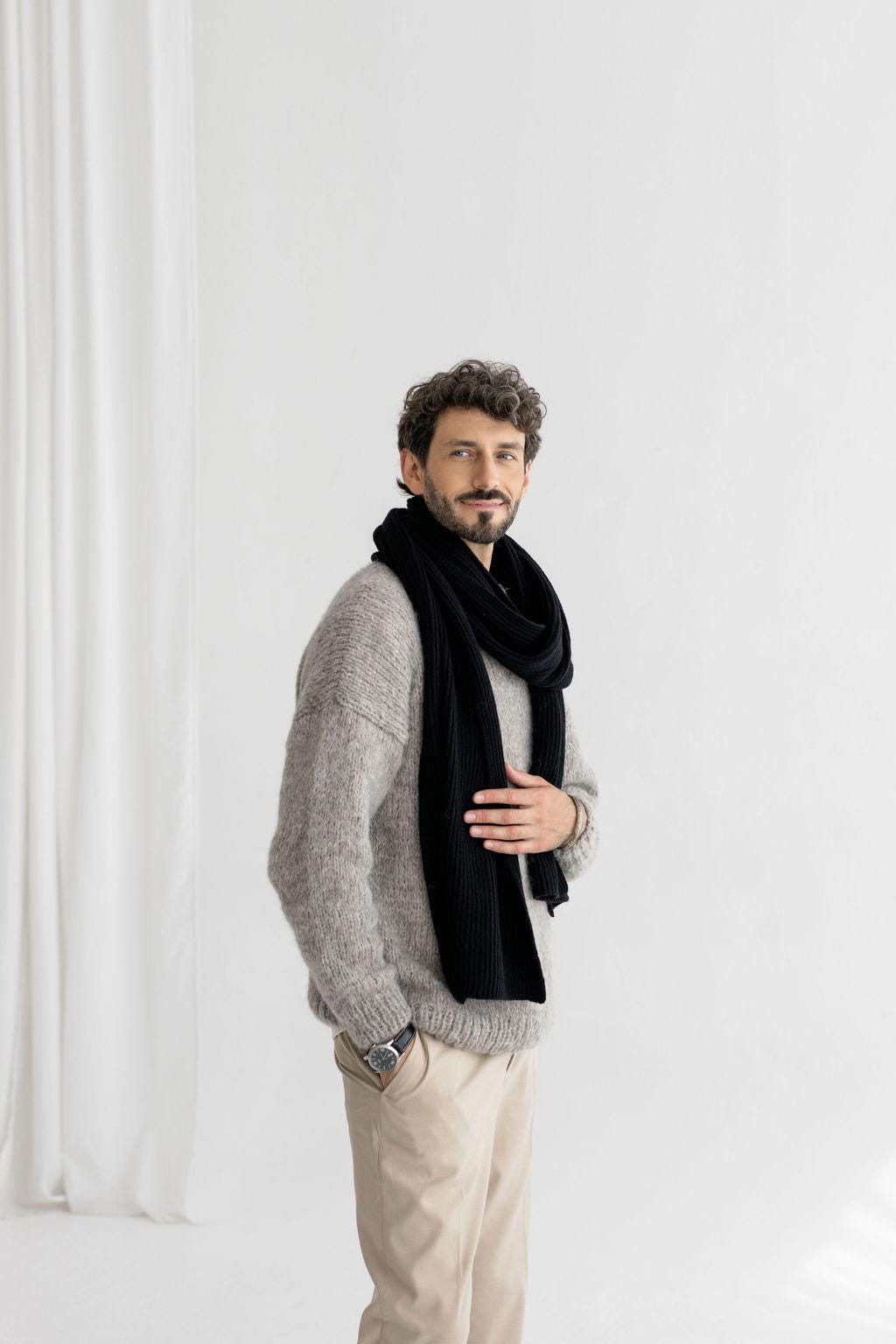 Long Soft Black Ribbed Knit Merino Wool Men's Scarf And Hat Set, Knitted Fall Winter Neck Warmer And Beanie Set, Gift For Boyfriend, Friend