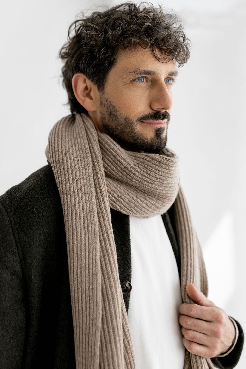 Long Soft Black Ribbed Knit Merino Wool Men's Scarf And Hat Set, Knitted Fall Winter Neck Warmer And Beanie Set, Gift For Boyfriend, Friend