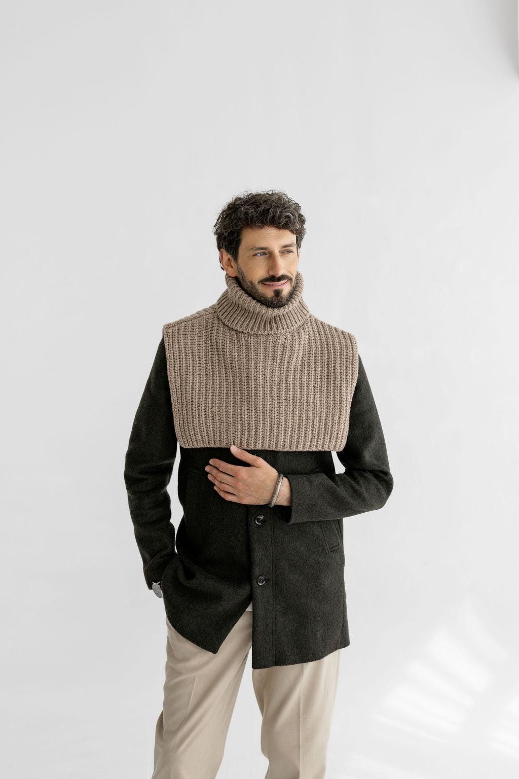 Chunky Knit Beige Merino Wool Men's Neck Warmer, Warm Camel Ribbed Knitted Minimal Fall Winter Scarf, Taupe Unisex Neck Wrap, Gift For Him