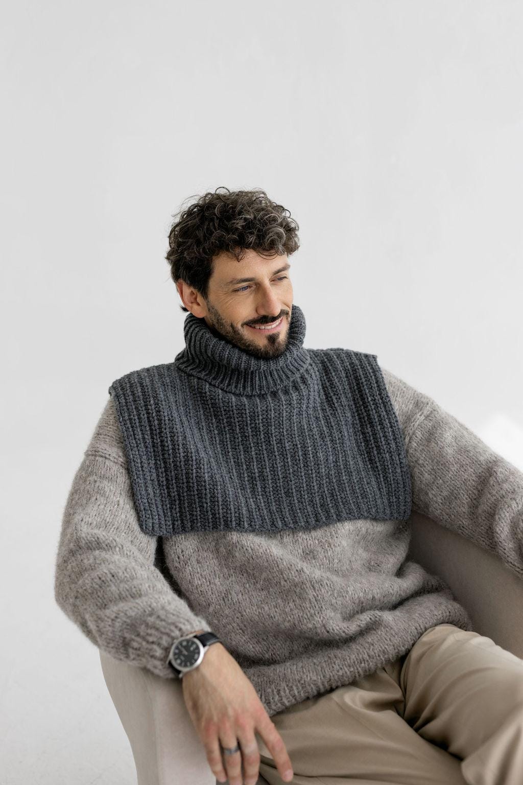 Chunky Knit Beige Merino Wool Men's Neck Warmer, Warm Camel Ribbed Knitted Minimal Fall Winter Scarf, Taupe Unisex Neck Wrap, Gift For Him