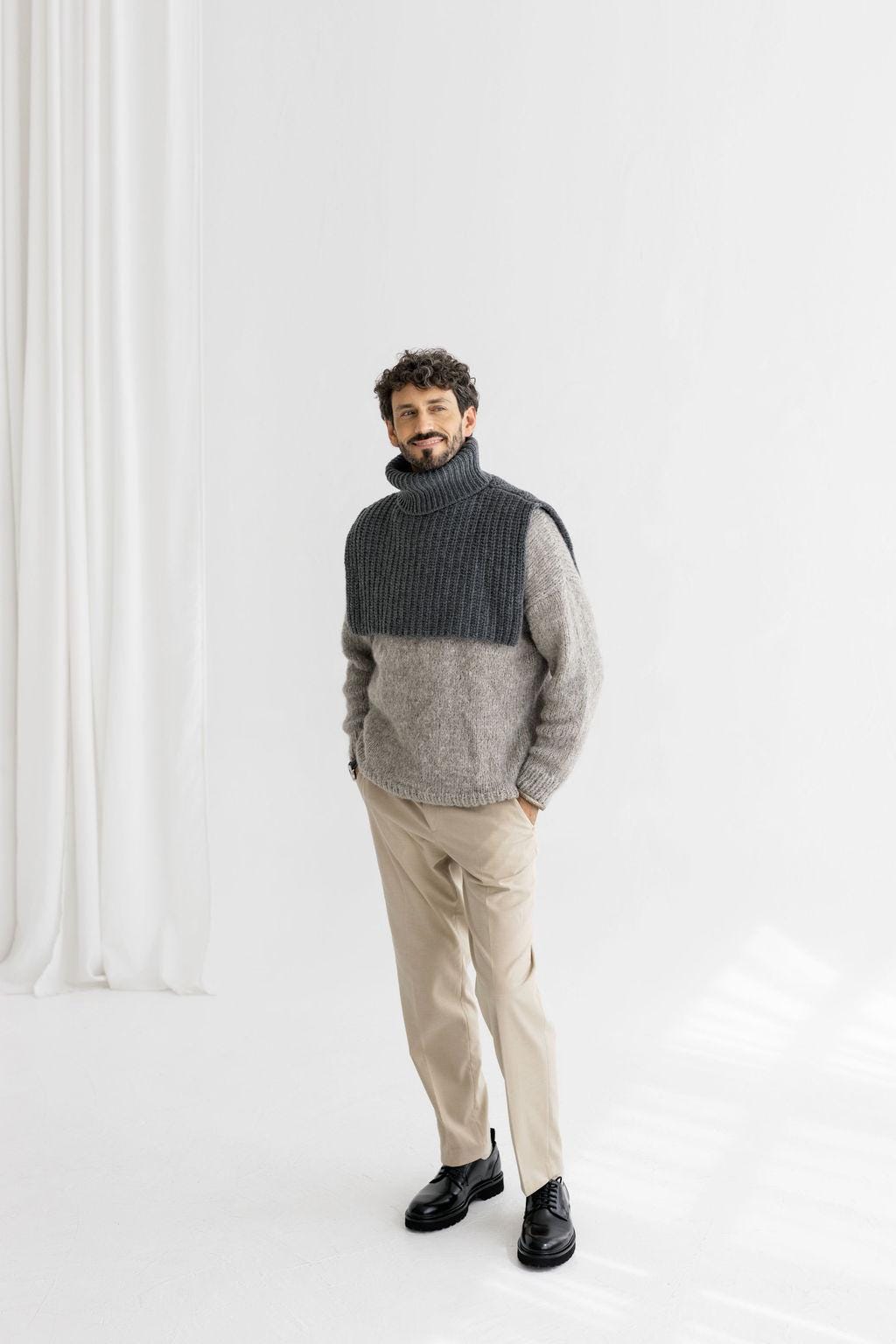 Chunky Knit Gray Merino Wool Men's Neck Warmer, Warm Grey Ribbed Knitted Minimal Fall Winter Scarf, Taupe Unisex Neck Wrap, Gift For Him