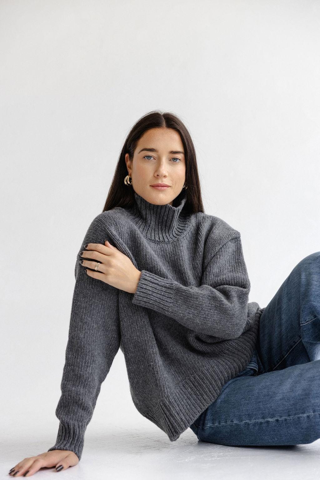 Gray Chunky Knitted Oversized Merino Wool Pullover With High Neck, Grey Cable Knit Woolen Turtleneck Sweater With Longer Back,Women's Jumper