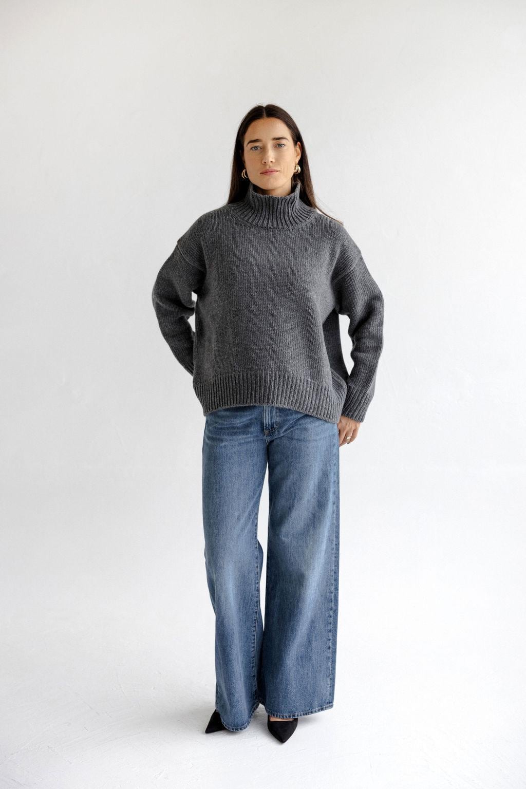 Gray Chunky Knitted Oversized Merino Wool Pullover With High Neck, Grey Cable Knit Woolen Turtleneck Sweater With Longer Back,Women's Jumper