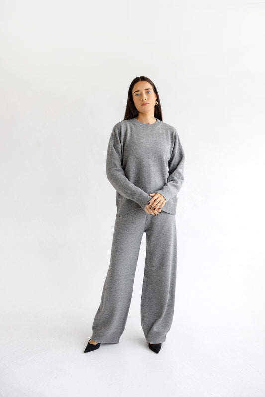Gray knitted merino wool sweater and trousers set for women, light grey women's knit minimal lounge pullover and pants, camel loungewear